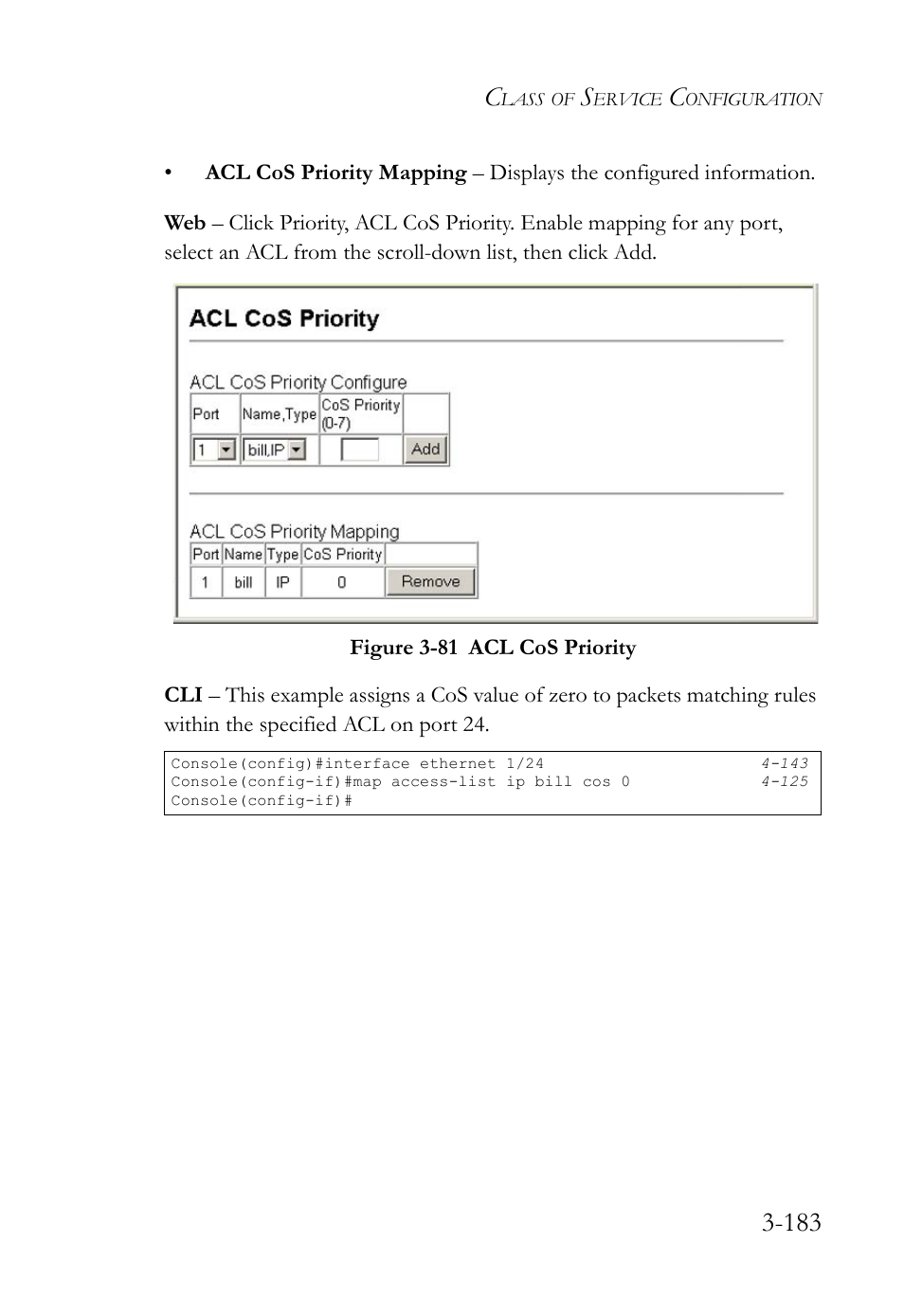 Figure 3-81 acl cos priority -183 | SMC Networks SMC TigerStack IV SMC6224M User Manual | Page 237 / 522