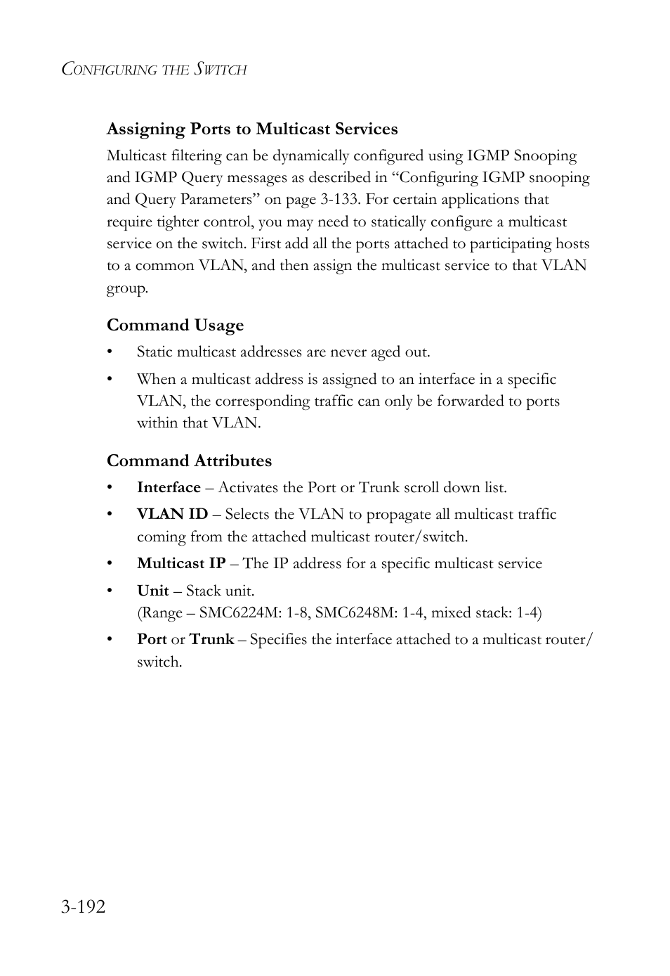 Assigning ports to multicast services, Assigning ports to multicast services -192 | SMC Networks SMC TigerStack IV SMC6224M User Manual | Page 246 / 522