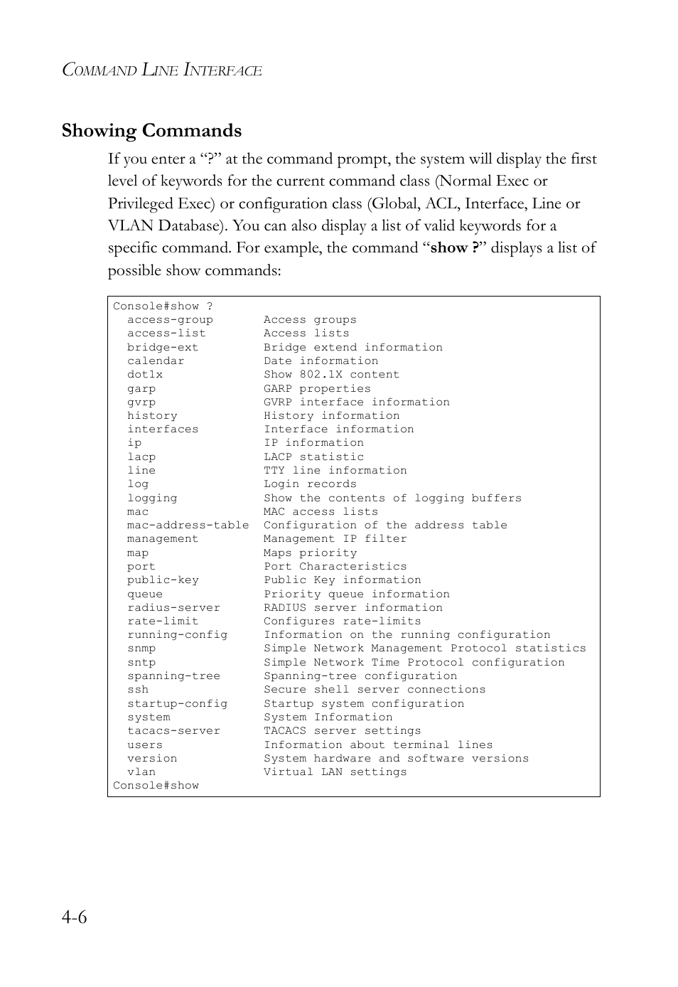 Showing commands, Showing commands -6, 6 showing commands | SMC Networks SMC TigerStack IV SMC6224M User Manual | Page 254 / 522