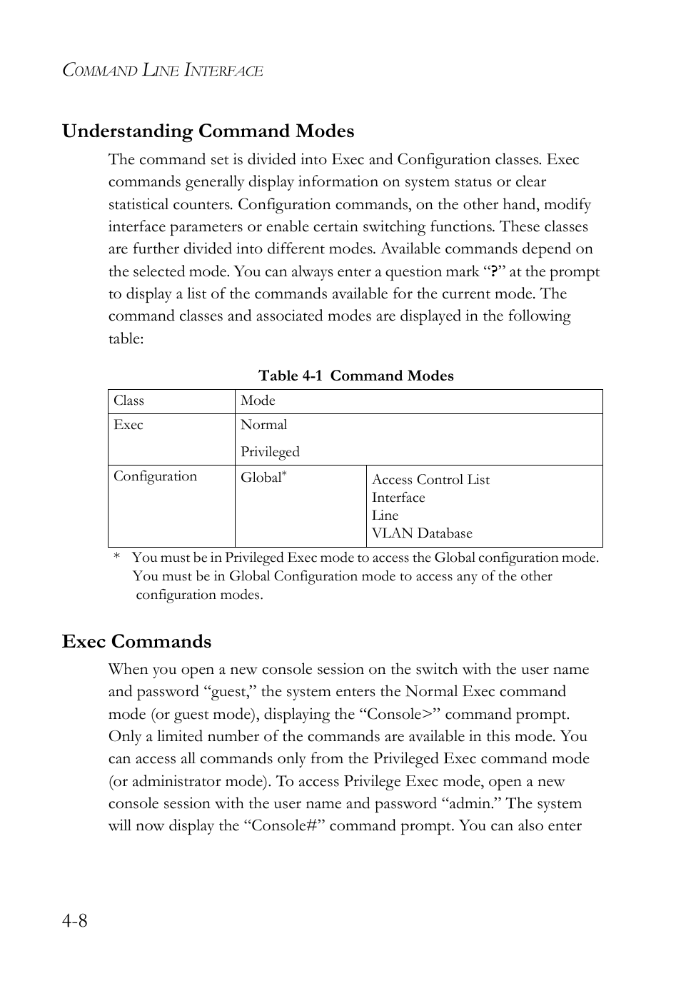 Understanding command modes, Exec commands, Understanding command modes -8 exec commands -8 | Table 4-1, Command modes -8, 8 understanding command modes | SMC Networks SMC TigerStack IV SMC6224M User Manual | Page 256 / 522