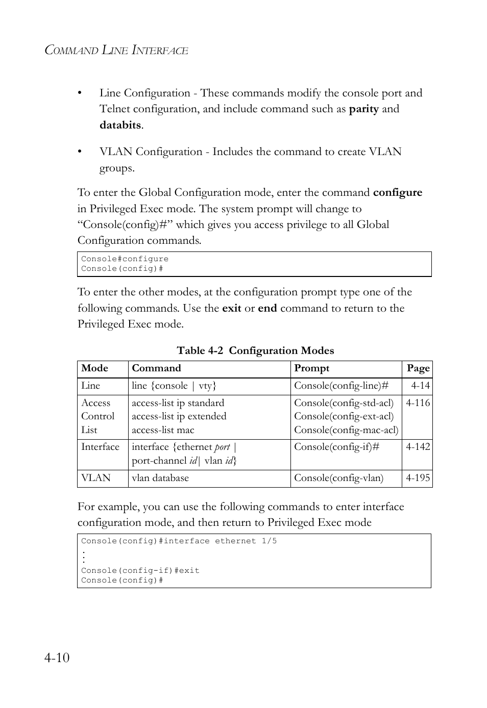 Table 4-2, Configuration modes -10 | SMC Networks SMC TigerStack IV SMC6224M User Manual | Page 258 / 522