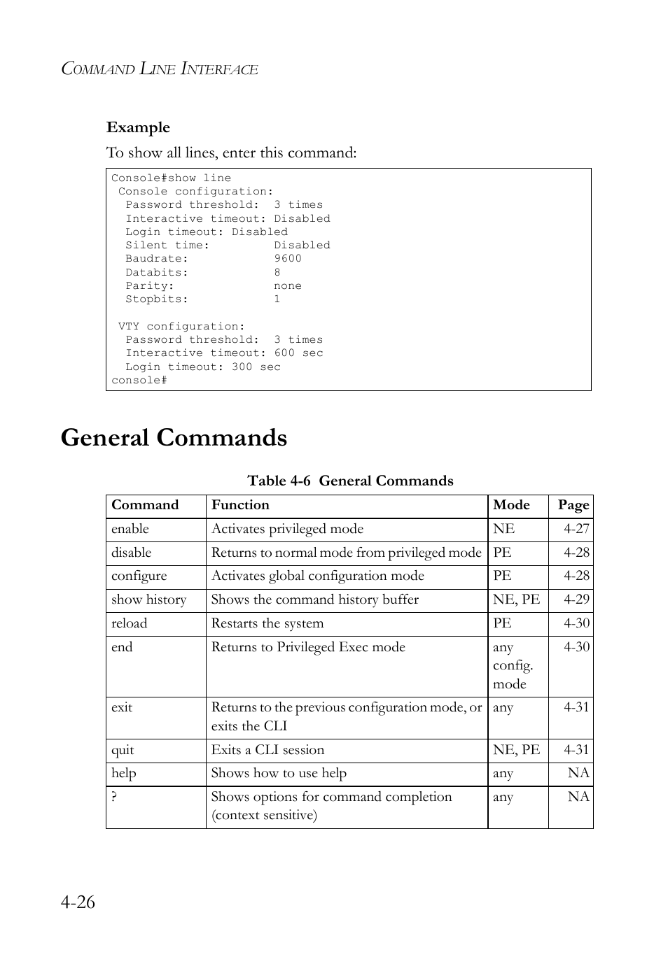 General commands, General commands -26, Table 4-6 | SMC Networks SMC TigerStack IV SMC6224M User Manual | Page 274 / 522