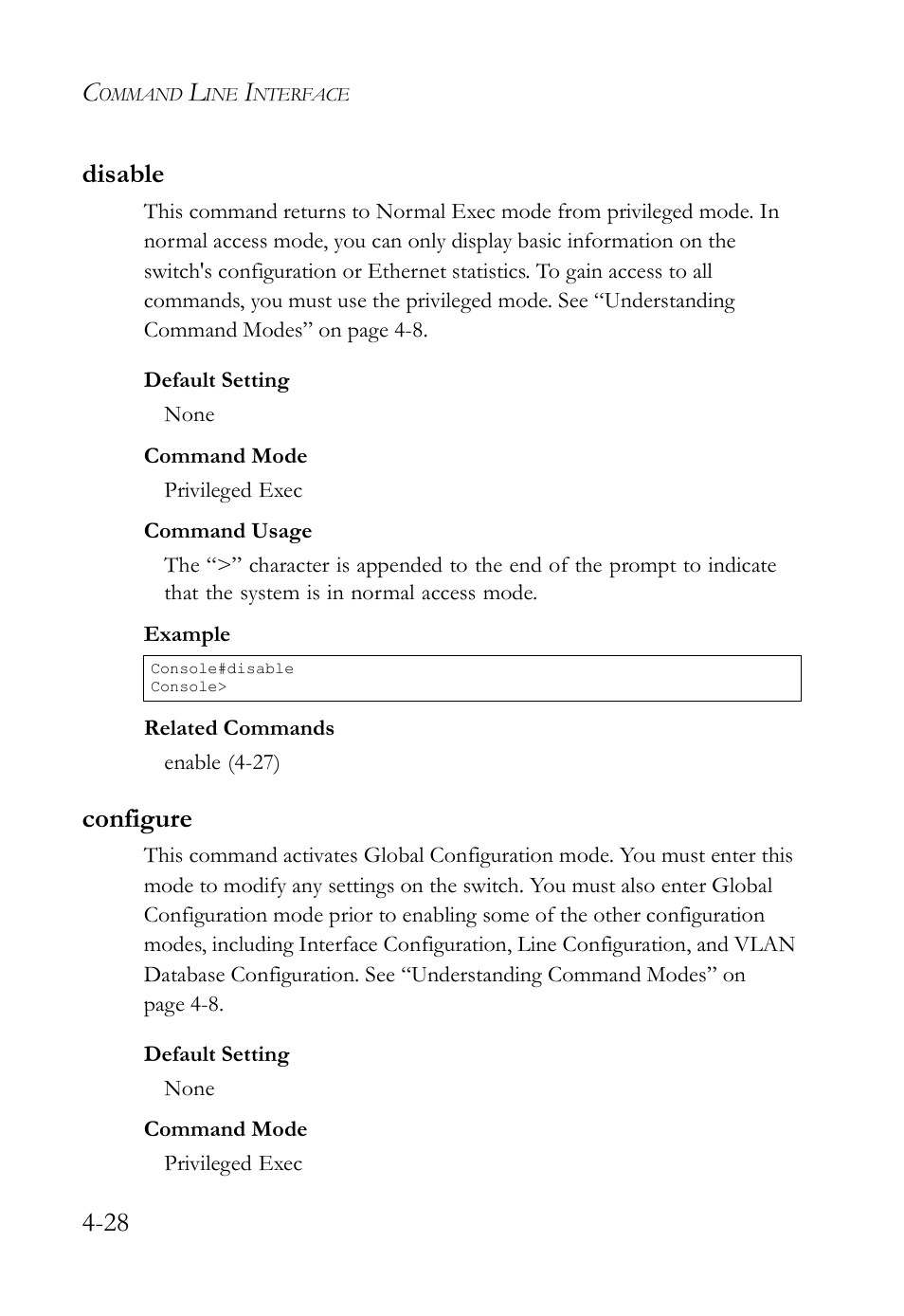 Disable, Configure, Disable -28 configure -28 | Disable (4-28), 28 disable | SMC Networks SMC TigerStack IV SMC6224M User Manual | Page 276 / 522