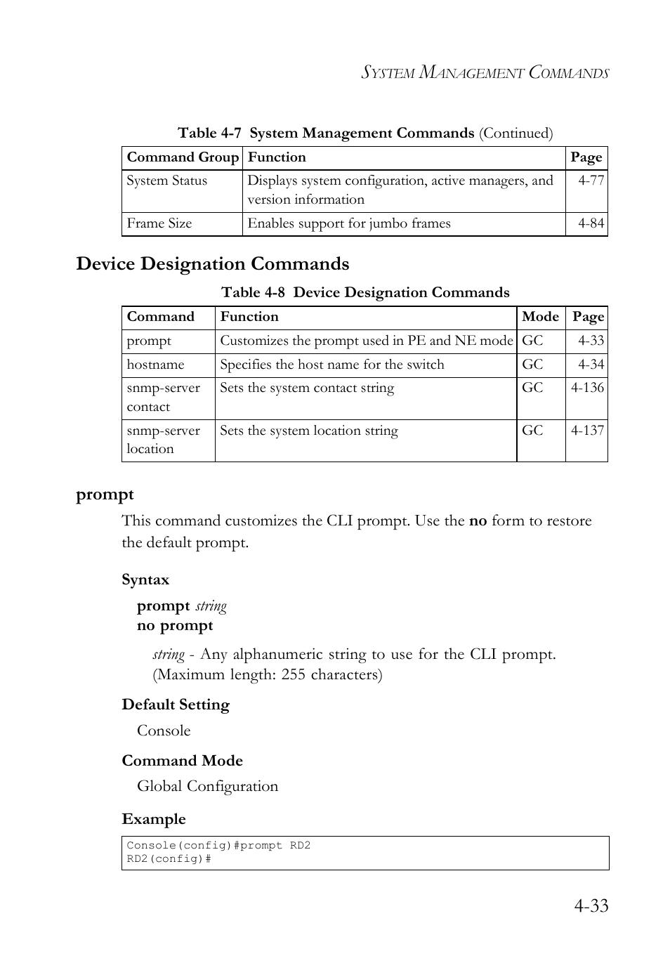 Device designation commands, Prompt, Device designation commands -33 | Prompt -33, Table 4-8, 33 device designation commands | SMC Networks SMC TigerStack IV SMC6224M User Manual | Page 281 / 522