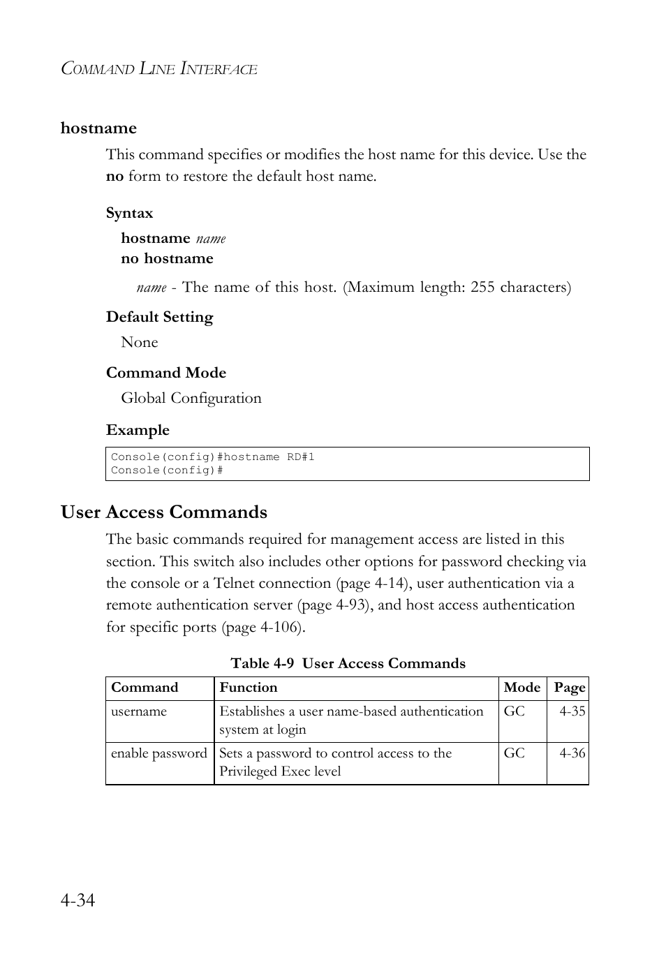 Hostname, User access commands, Hostname -34 | User access commands -34, Table 4-9 | SMC Networks SMC TigerStack IV SMC6224M User Manual | Page 282 / 522