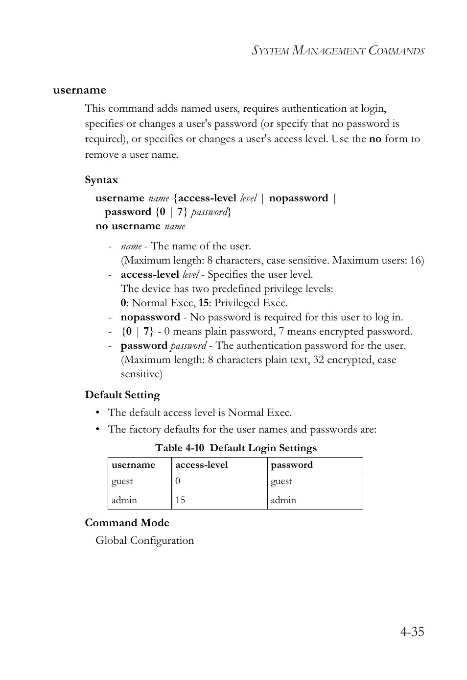 Username, Username -35, Table 4-10 default login settings -35 | SMC Networks SMC TigerStack IV SMC6224M User Manual | Page 283 / 522
