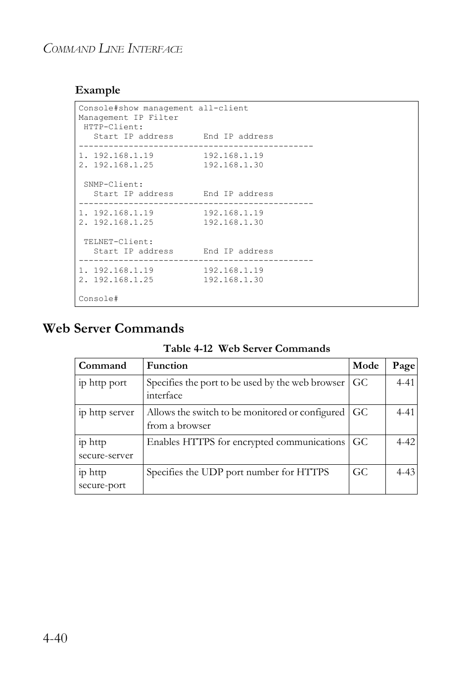 Web server commands, Web server commands -40, Table 4-12 web server commands -40 | SMC Networks SMC TigerStack IV SMC6224M User Manual | Page 288 / 522