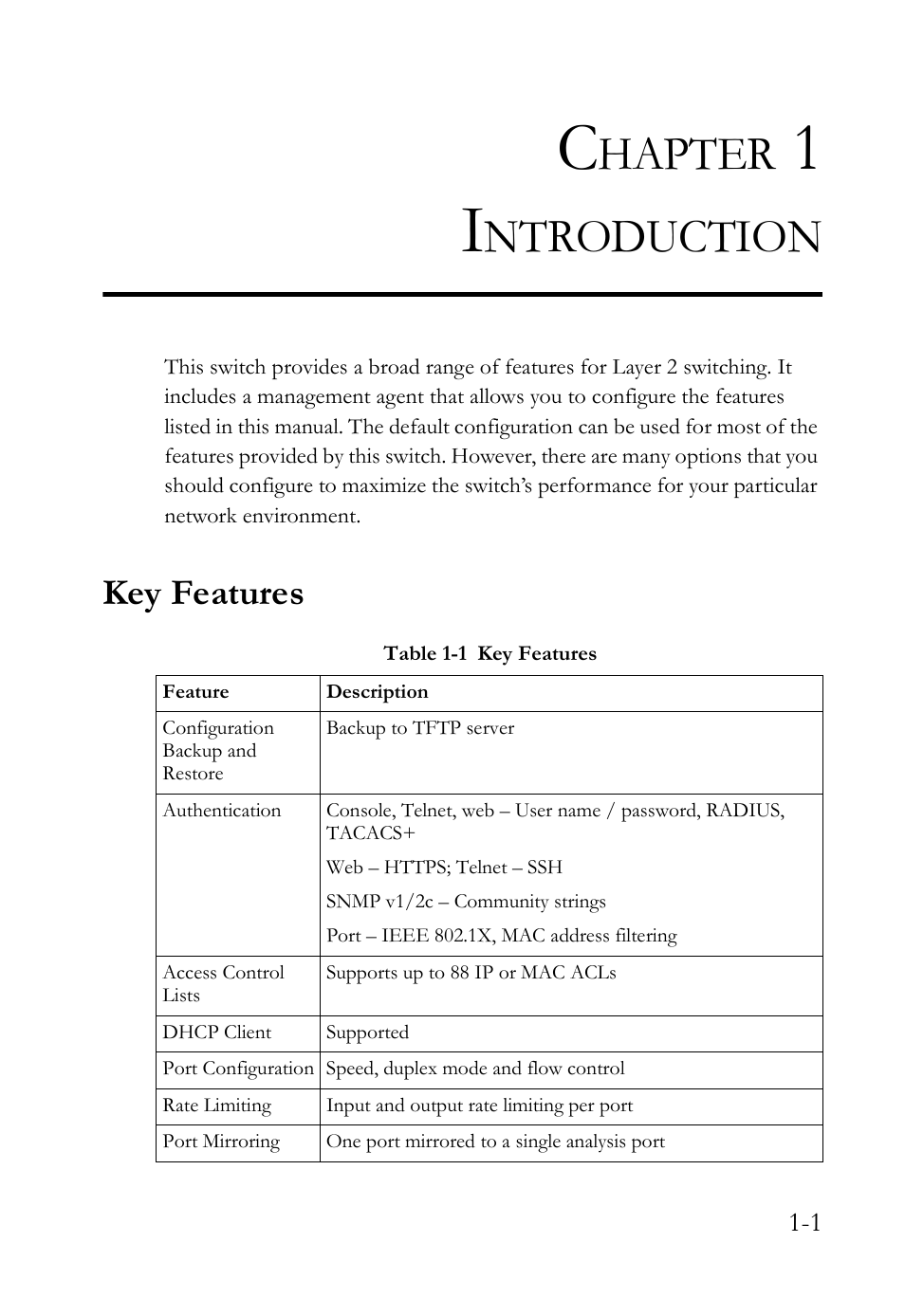 Chapter 1 introduction, Key features, Introduction -1 | Key features -1, Table 1-1, Hapter, Ntroduction | SMC Networks SMC TigerStack IV SMC6224M User Manual | Page 29 / 522