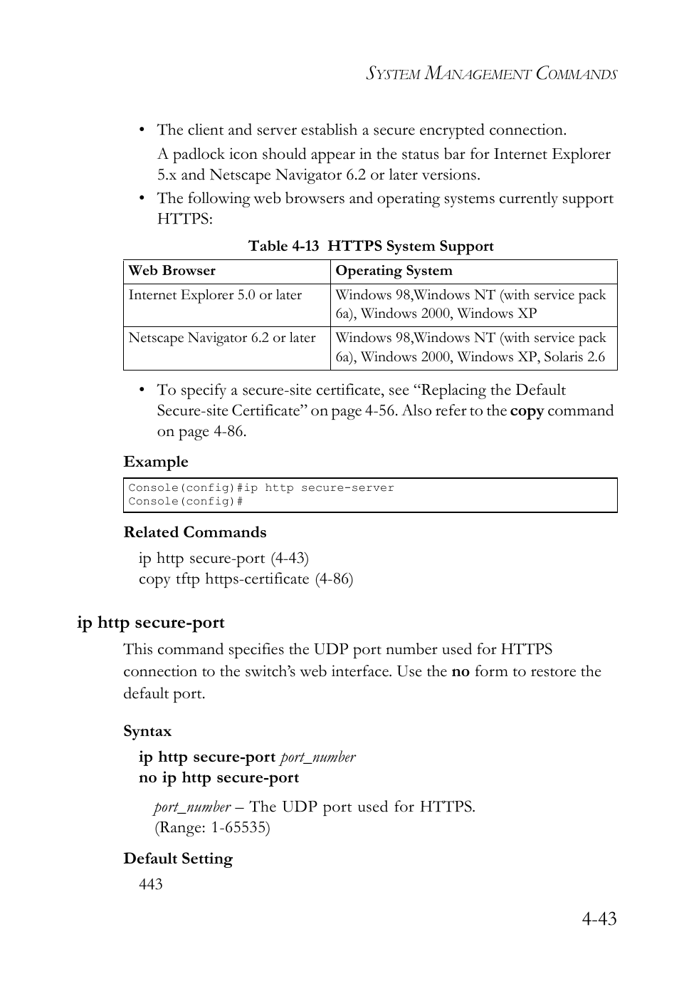 Ip http secure-port, Ip http secure-port -43, Table 4-13 https system support -43 | SMC Networks SMC TigerStack IV SMC6224M User Manual | Page 291 / 522