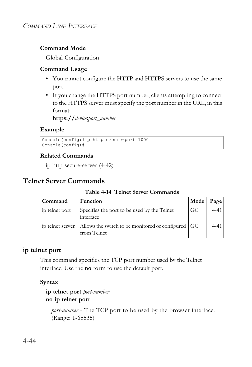 Telnet server commands, Ip telnet port, Telnet server commands -44 | Ip telnet port -44, Table 4-14 telnet server commands -44 | SMC Networks SMC TigerStack IV SMC6224M User Manual | Page 292 / 522