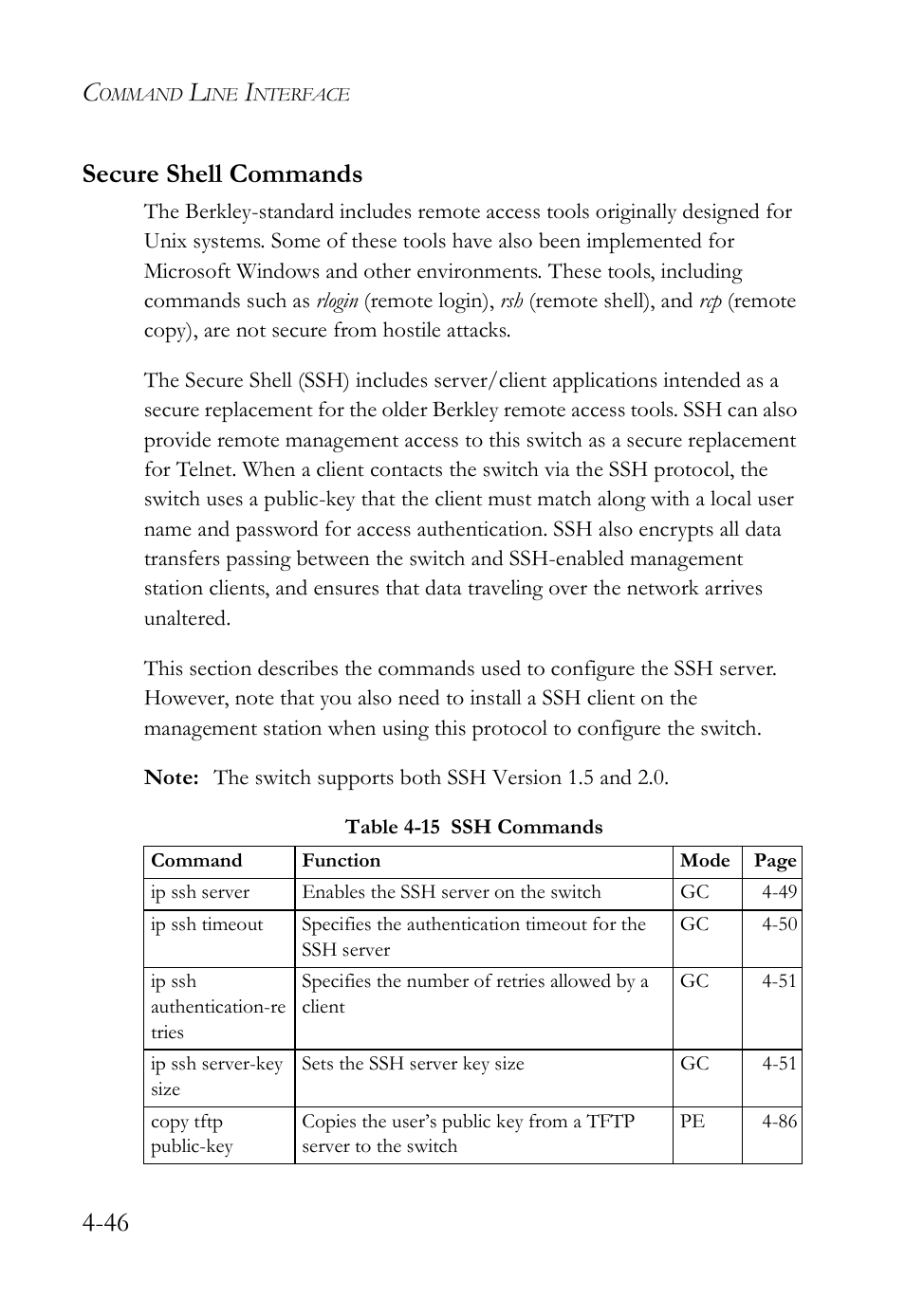 Secure shell commands, Secure shell commands -46, Table 4-15 ssh commands -46 | 46 secure shell commands | SMC Networks SMC TigerStack IV SMC6224M User Manual | Page 294 / 522