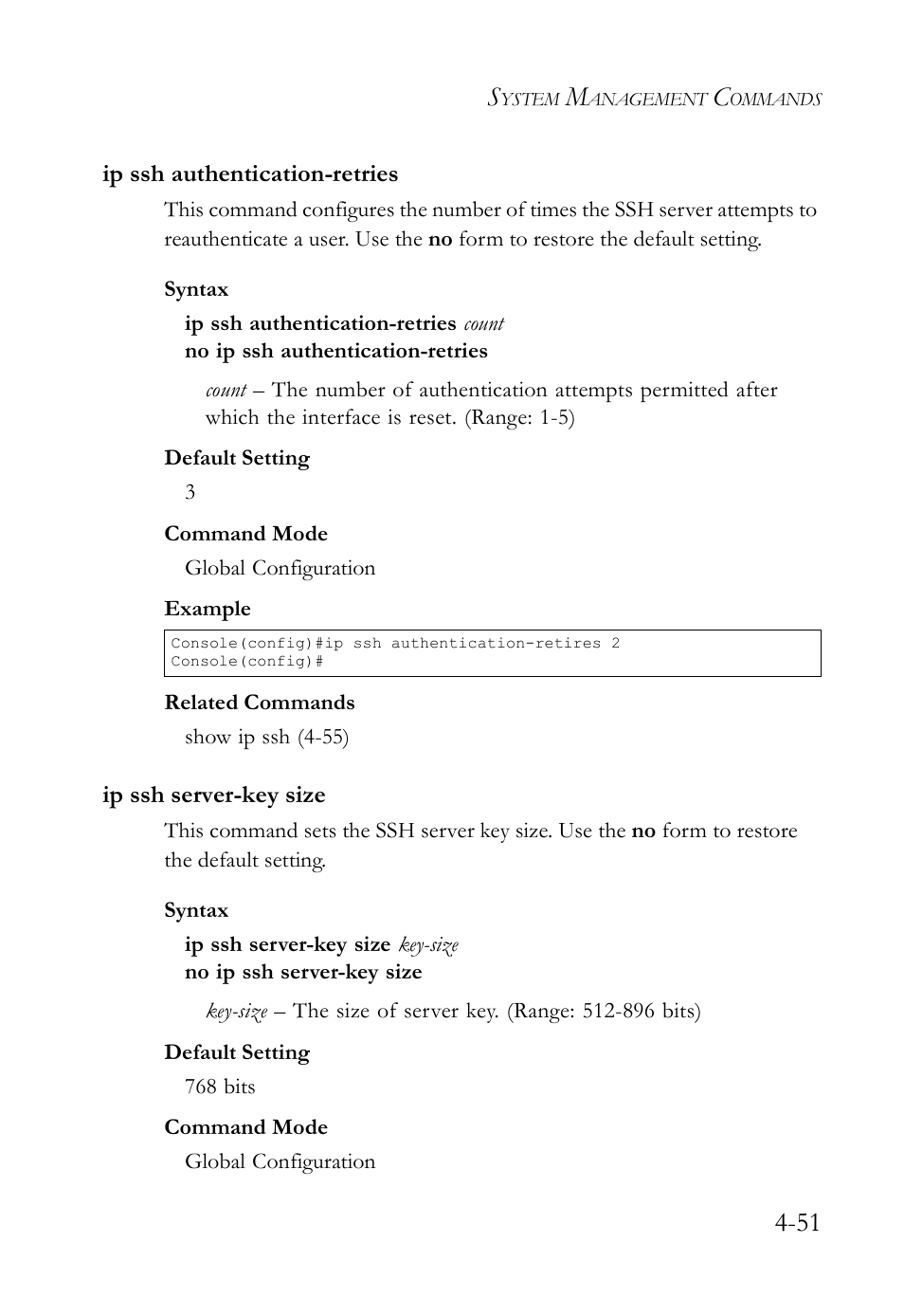 Ip ssh authentication-retries, Ip ssh server-key size | SMC Networks SMC TigerStack IV SMC6224M User Manual | Page 299 / 522