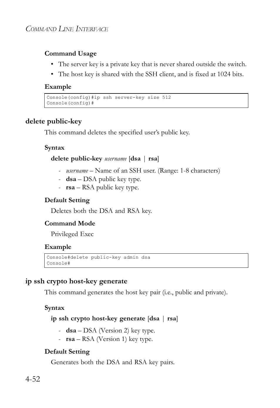 Delete public-key, Ip ssh crypto host-key generate, Ip ssh crypto host-key generate (4-52) | SMC Networks SMC TigerStack IV SMC6224M User Manual | Page 300 / 522