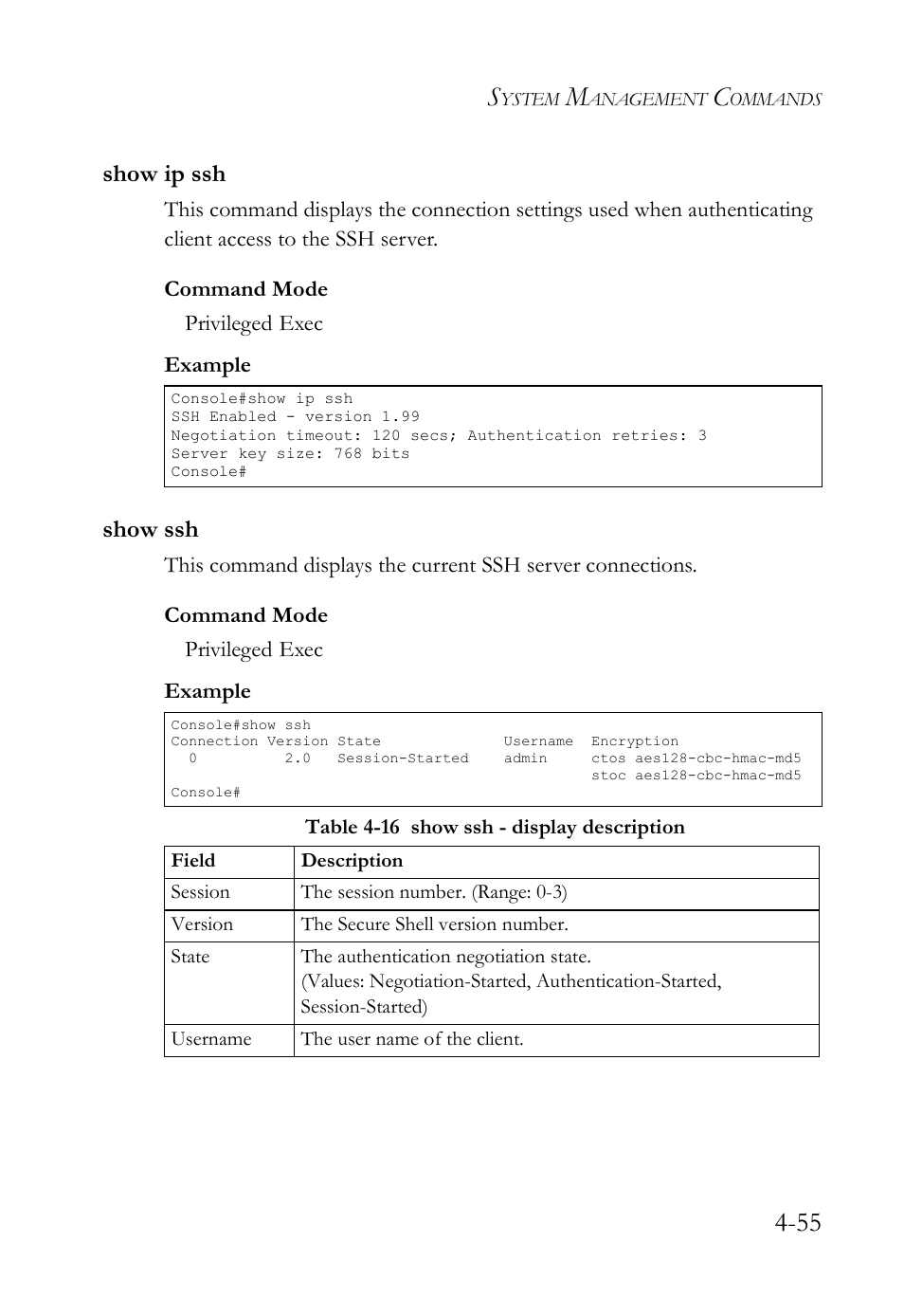 Show ip ssh, Show ssh, Show ip ssh -55 show ssh -55 | Table 4-16 show ssh - display description -55, Show ssh (4-55), Show ip ssh (4-55) | SMC Networks SMC TigerStack IV SMC6224M User Manual | Page 303 / 522