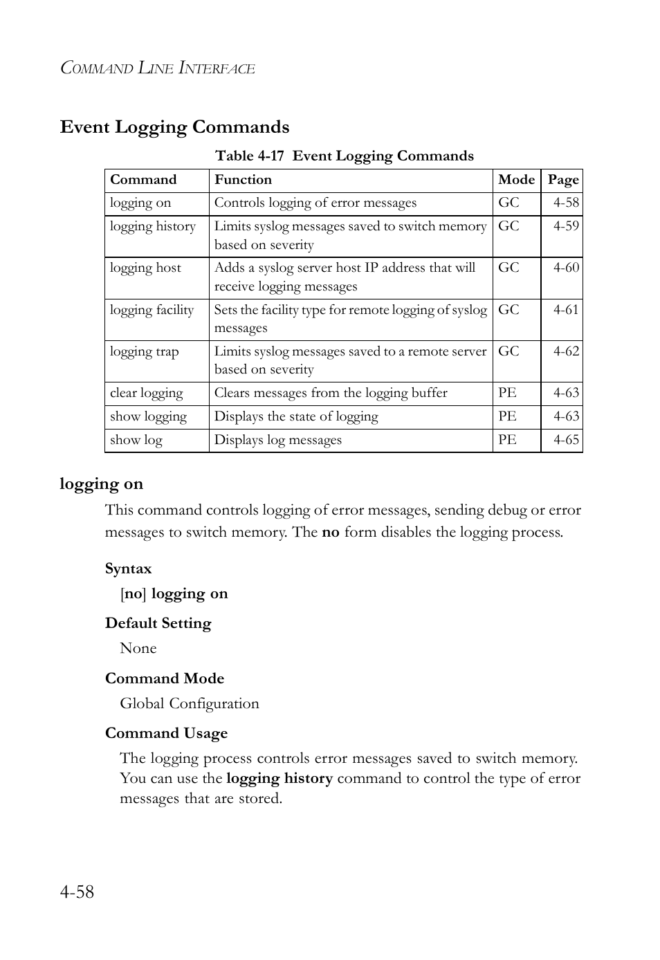 Event logging commands, Logging on, Event logging commands -58 | Logging on -58, Table 4-17 event logging commands -58, 58 event logging commands | SMC Networks SMC TigerStack IV SMC6224M User Manual | Page 306 / 522