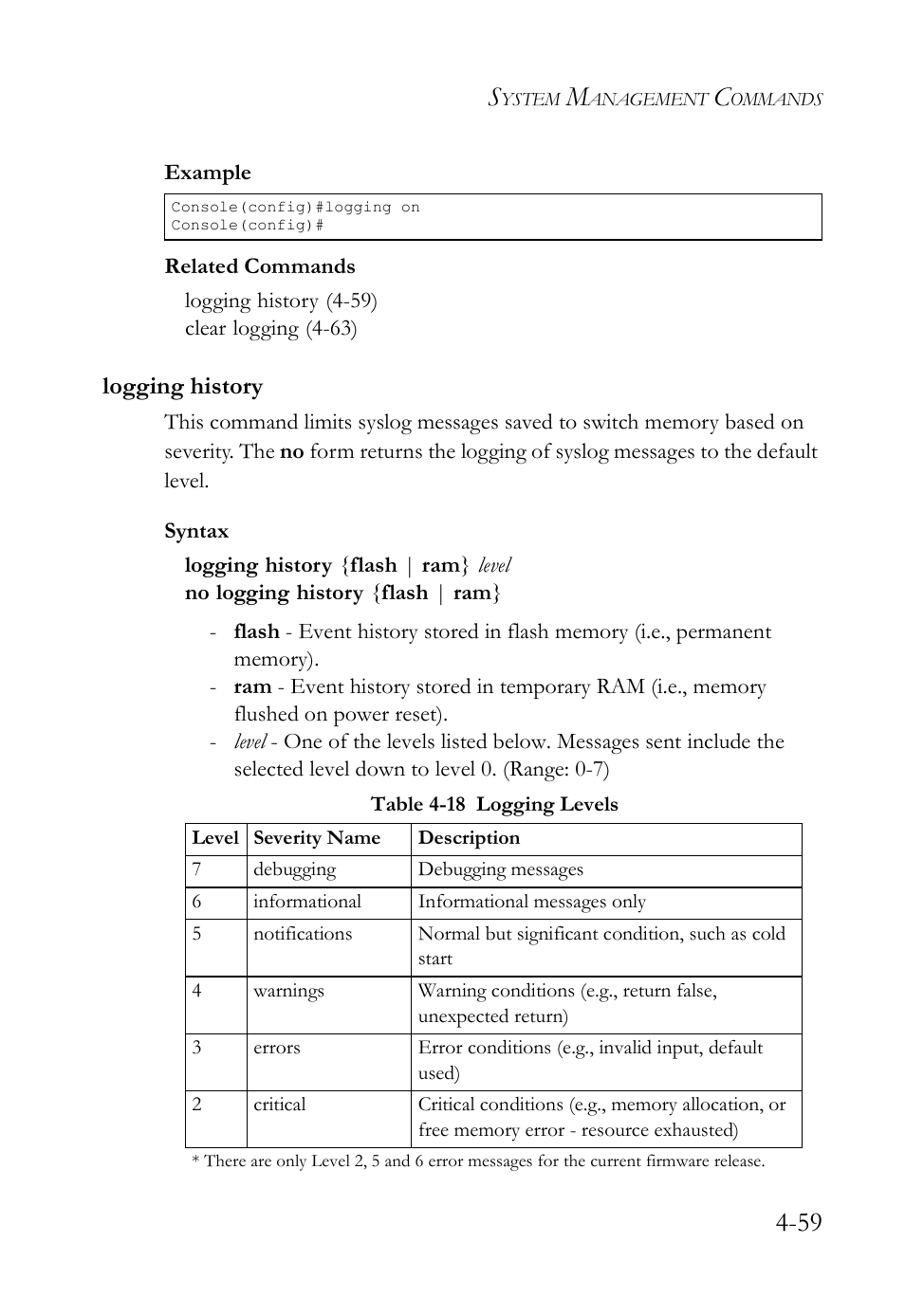 Logging history, Logging history -59, Table 4-18 logging levels -59 | SMC Networks SMC TigerStack IV SMC6224M User Manual | Page 307 / 522