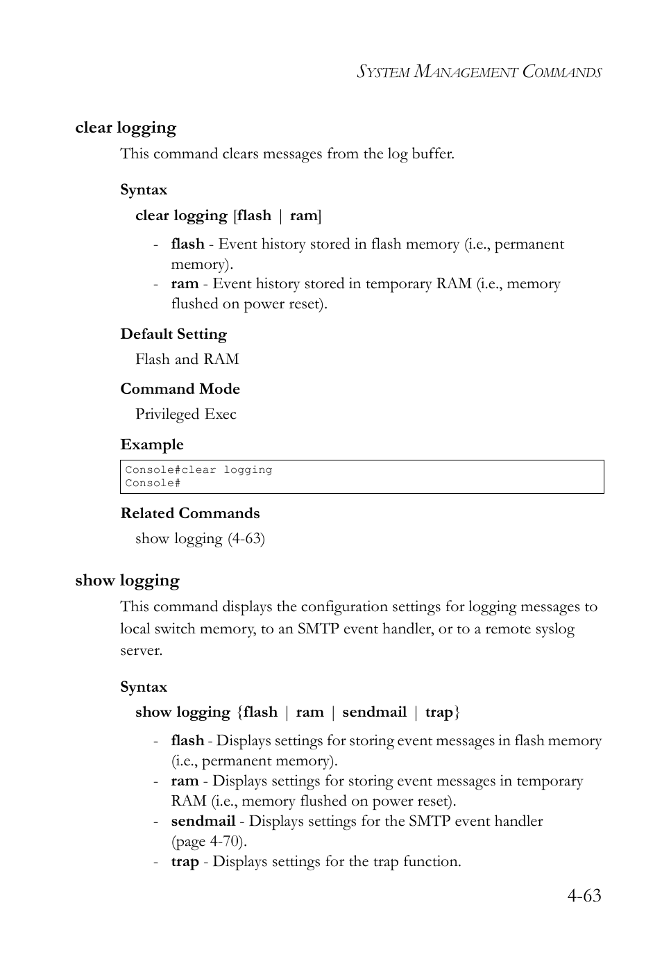 Clear logging, Show logging, Clear logging -63 show logging -63 | SMC Networks SMC TigerStack IV SMC6224M User Manual | Page 311 / 522