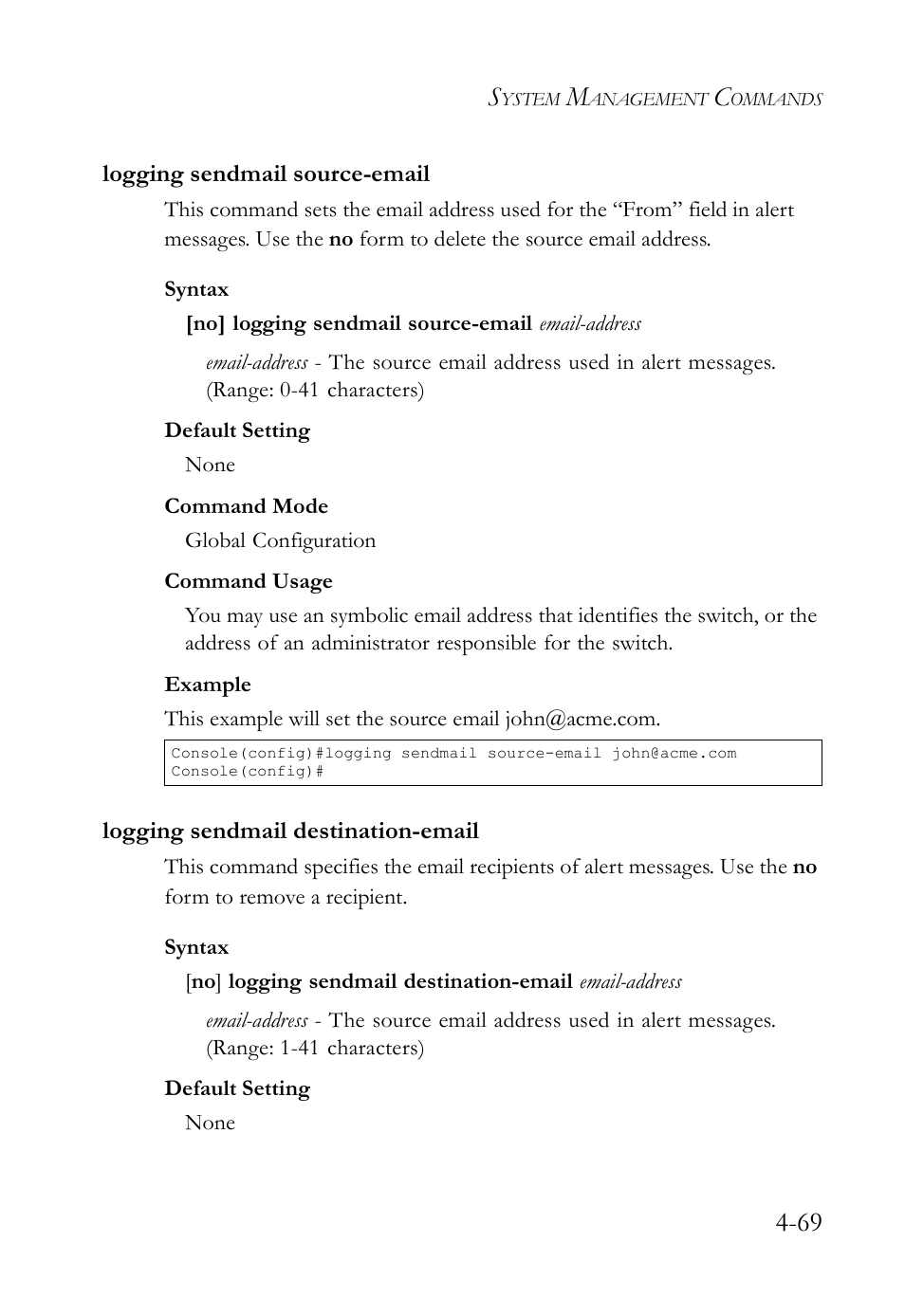 Logging sendmail source-email, Logging sendmail destination-email | SMC Networks SMC TigerStack IV SMC6224M User Manual | Page 317 / 522