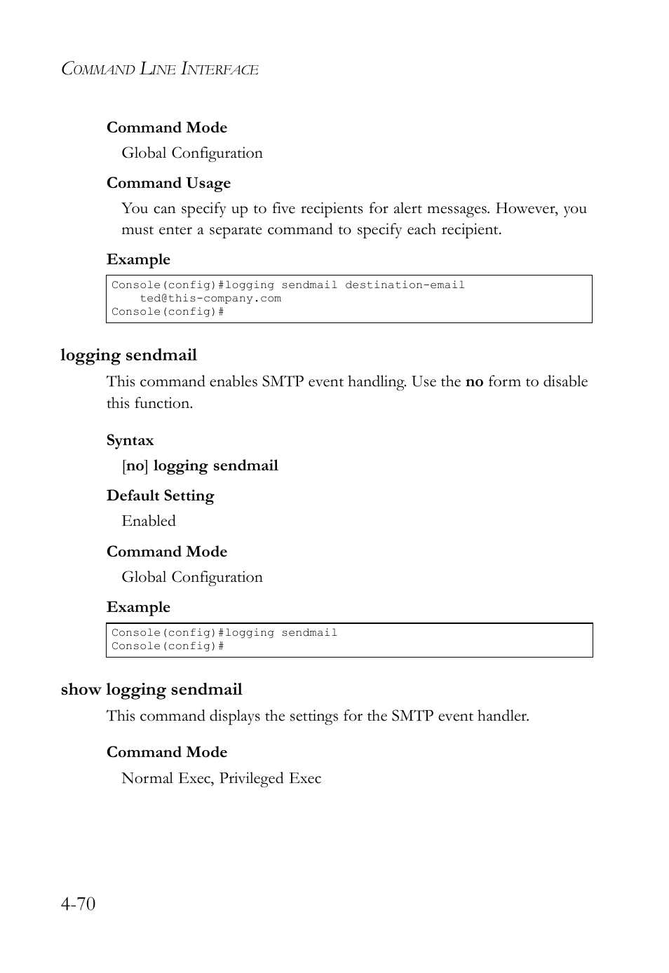 Logging sendmail, Show logging sendmail, Logging sendmail -70 show logging sendmail -70 | SMC Networks SMC TigerStack IV SMC6224M User Manual | Page 318 / 522