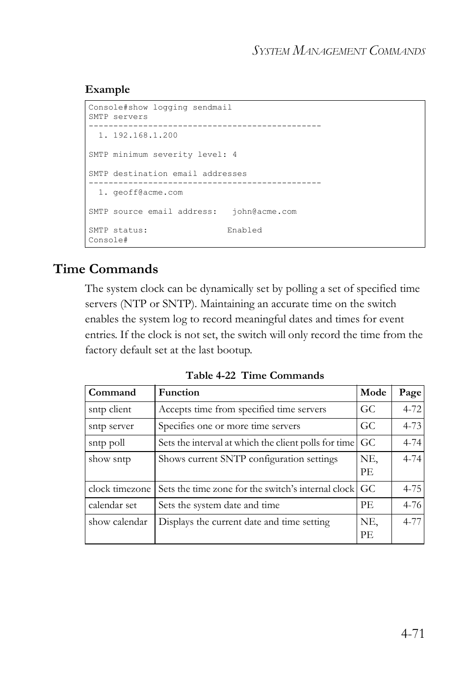 Time commands, Time commands -71, Table 4-22 time commands -71 | SMC Networks SMC TigerStack IV SMC6224M User Manual | Page 319 / 522