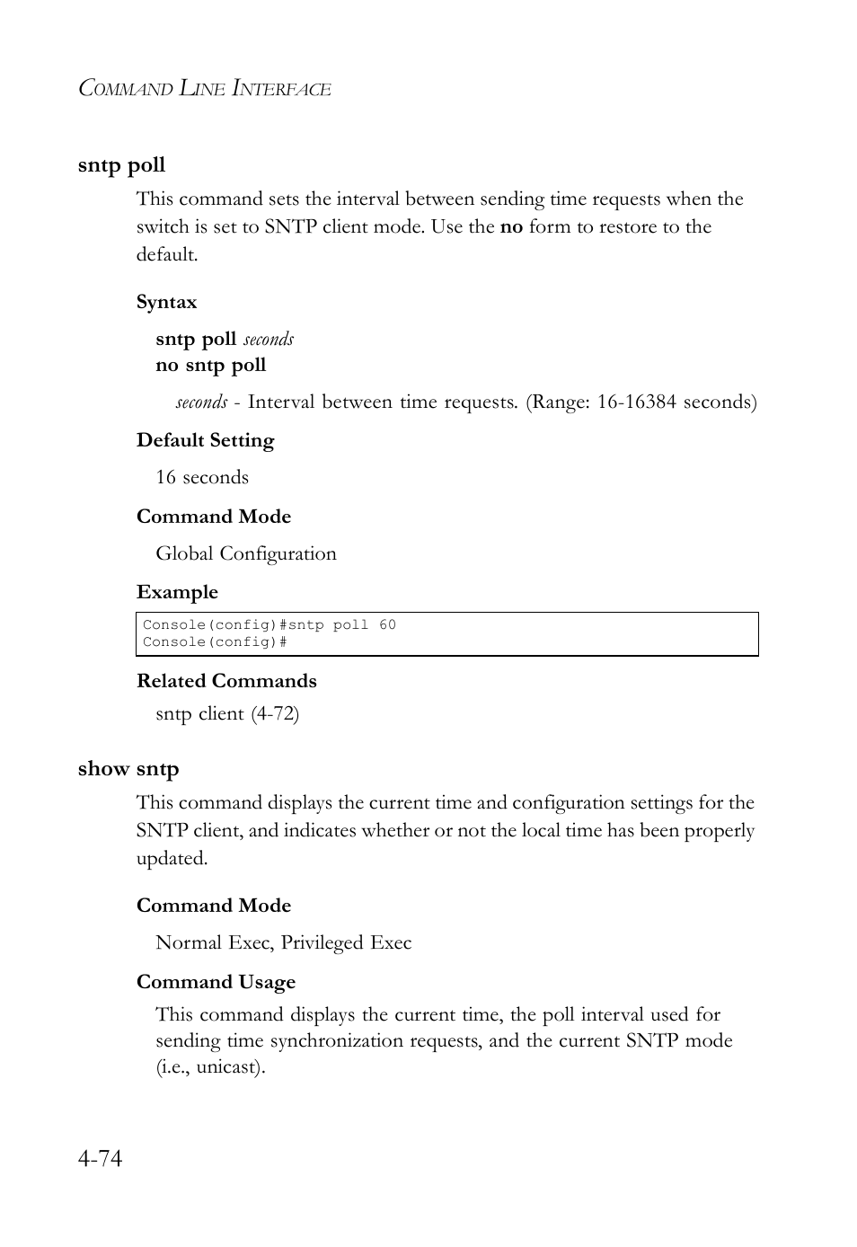 Sntp poll, Show sntp, Sntp poll -74 show sntp -74 | SMC Networks SMC TigerStack IV SMC6224M User Manual | Page 322 / 522