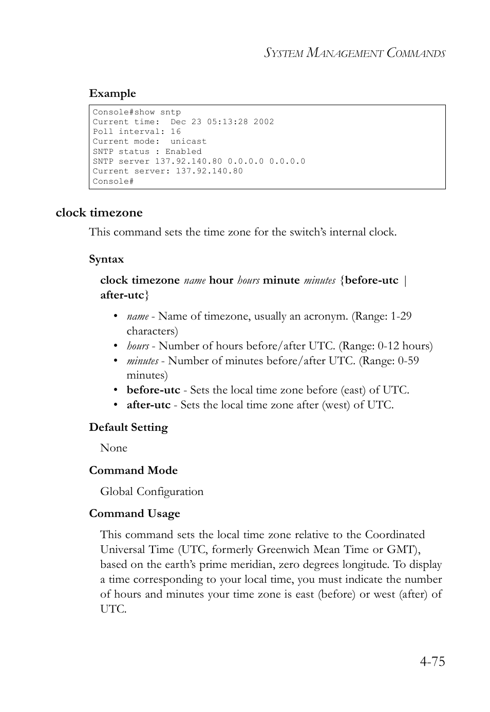 Clock timezone, Clock timezone -75 | SMC Networks SMC TigerStack IV SMC6224M User Manual | Page 323 / 522