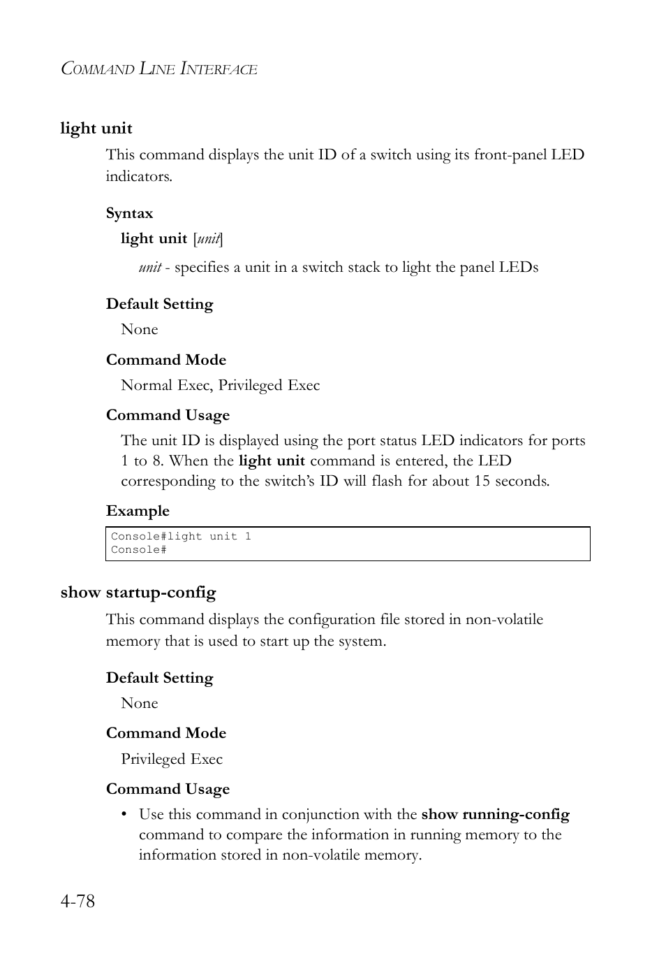 Light unit, Show startup-config, Light unit -78 show startup-config -78 | SMC Networks SMC TigerStack IV SMC6224M User Manual | Page 326 / 522