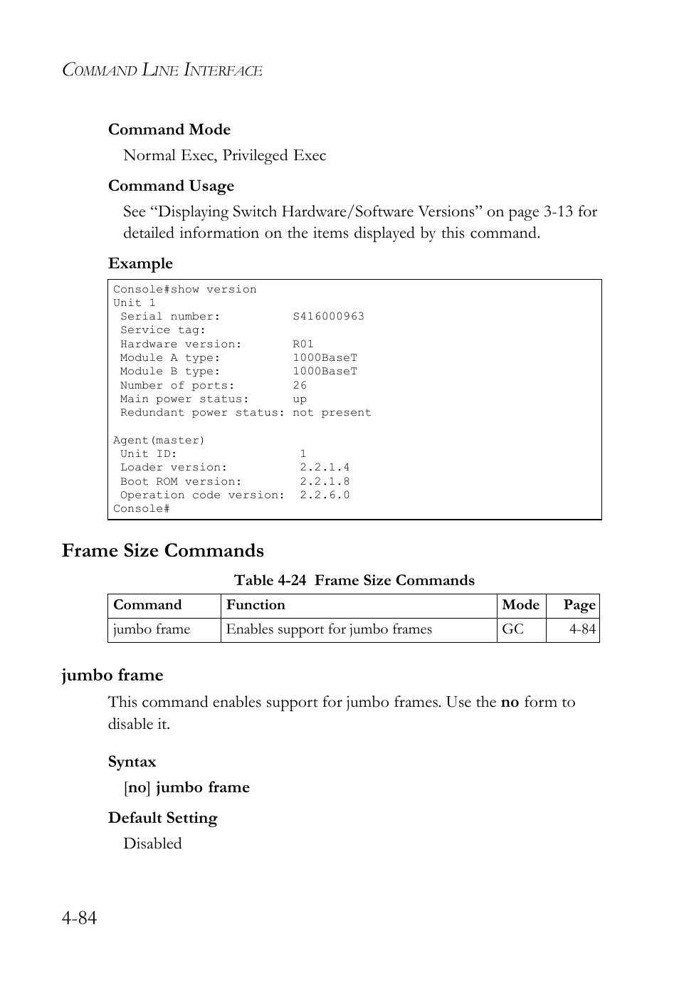 Frame size commands, Jumbo frame, Frame size commands -84 | Jumbo frame -84, Table 4-24 frame size commands -84 | SMC Networks SMC TigerStack IV SMC6224M User Manual | Page 332 / 522