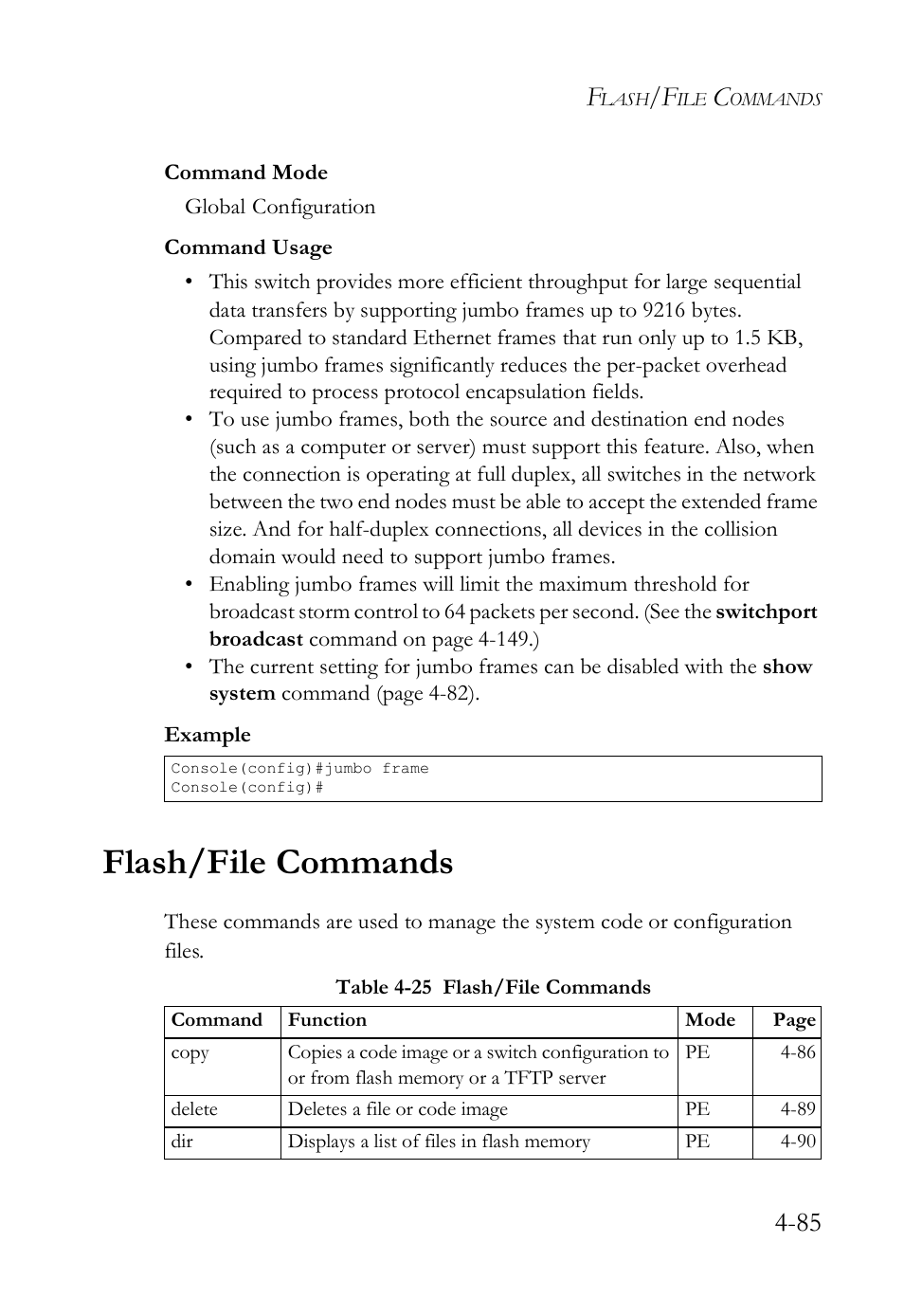 Flash/file commands, Flash/file commands -85, Table 4-25 flash/file commands -85 | SMC Networks SMC TigerStack IV SMC6224M User Manual | Page 333 / 522