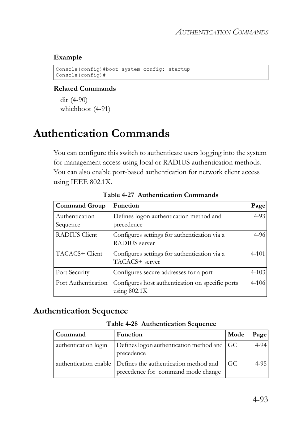 Authentication commands, Authentication sequence, Authentication commands -93 | Authentication sequence -93 | SMC Networks SMC TigerStack IV SMC6224M User Manual | Page 341 / 522