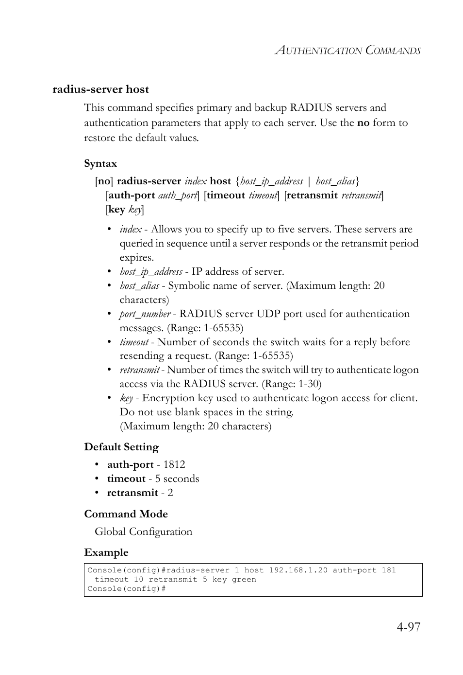 Radius-server host, Radius-server host -97 | SMC Networks SMC TigerStack IV SMC6224M User Manual | Page 345 / 522