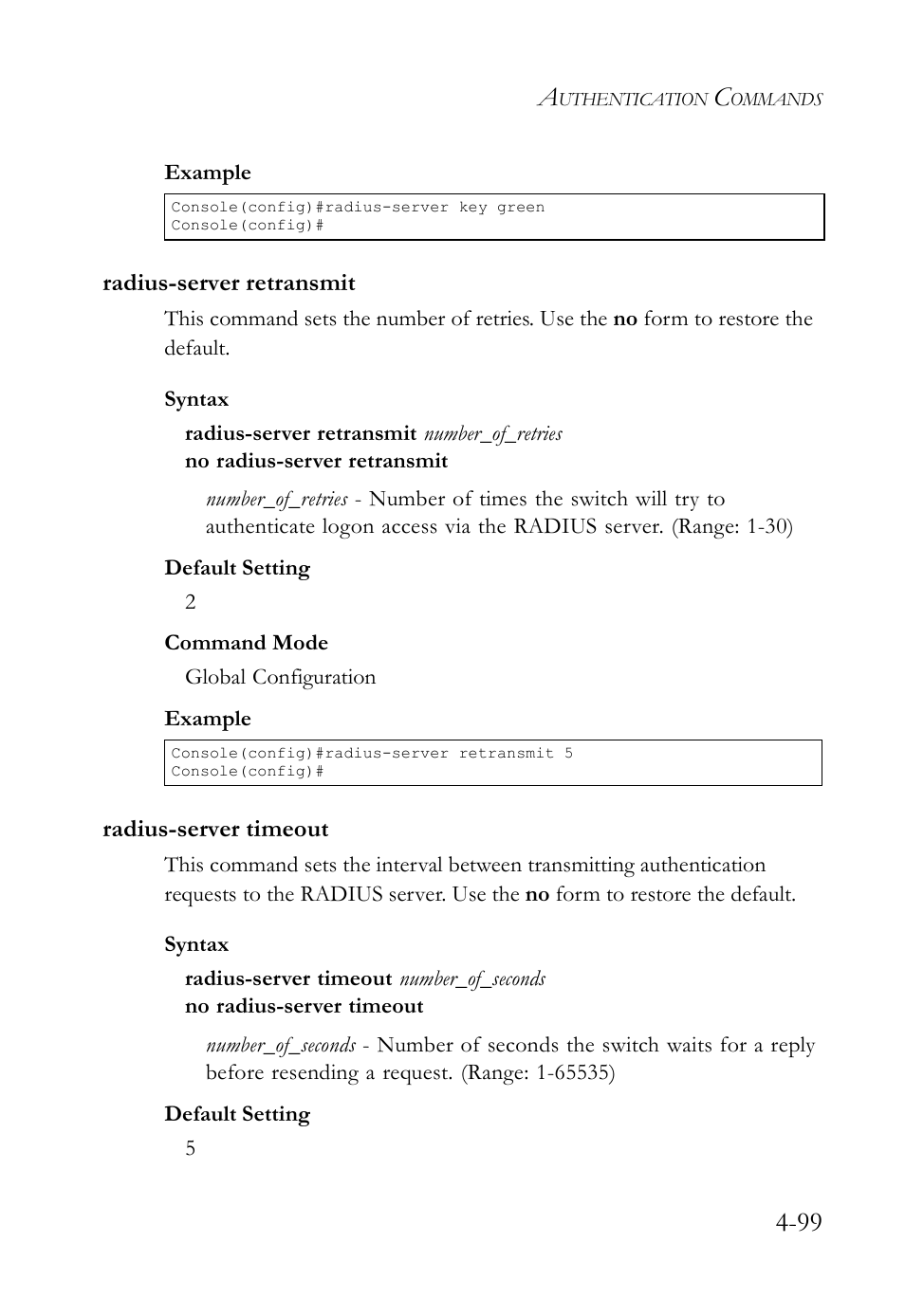 Radius-server retransmit, Radius-server timeout | SMC Networks SMC TigerStack IV SMC6224M User Manual | Page 347 / 522