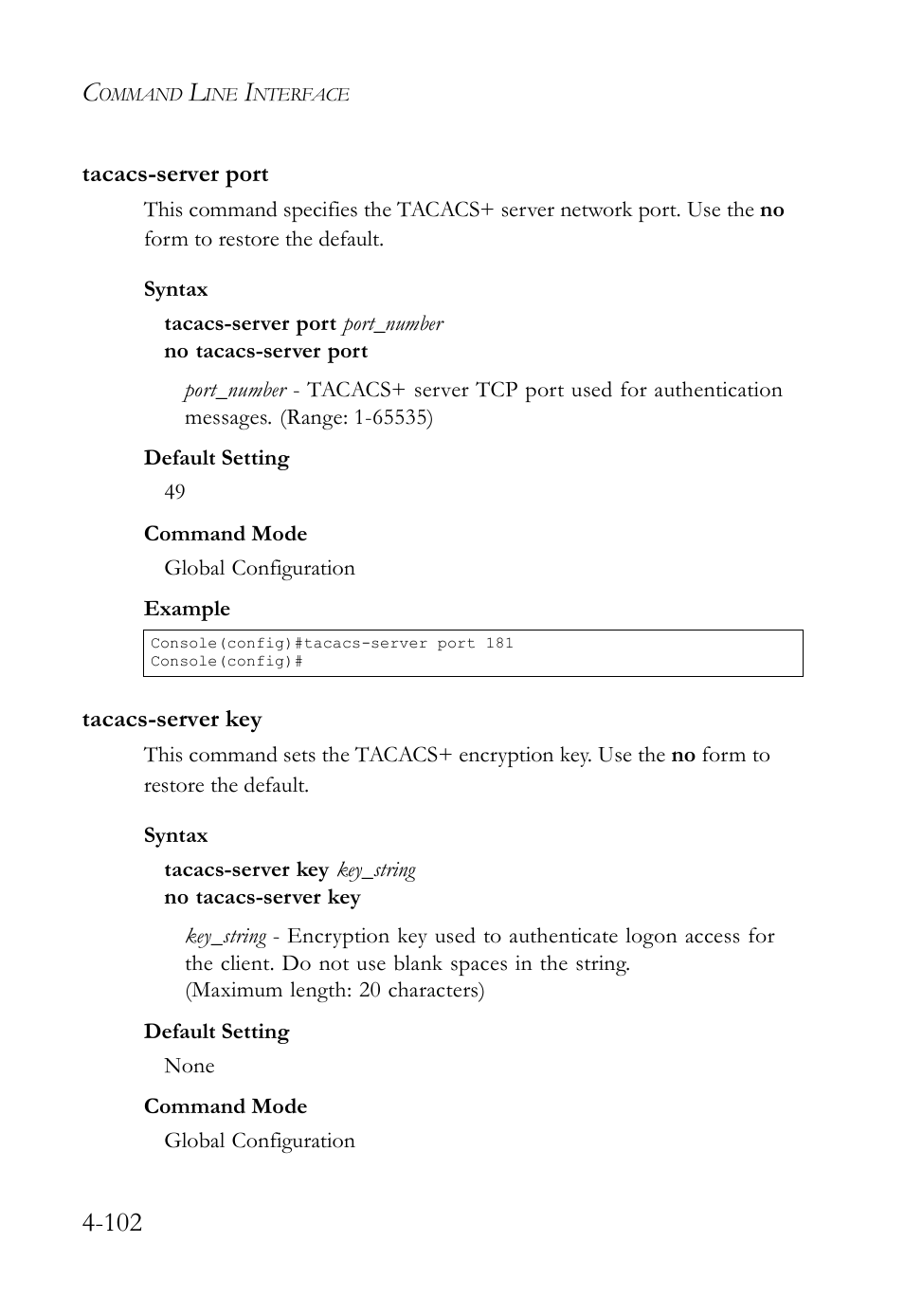 Tacacs-server port, Tacacs-server key, Tacacs-server port -102 tacacs-server key -102 | SMC Networks SMC TigerStack IV SMC6224M User Manual | Page 350 / 522