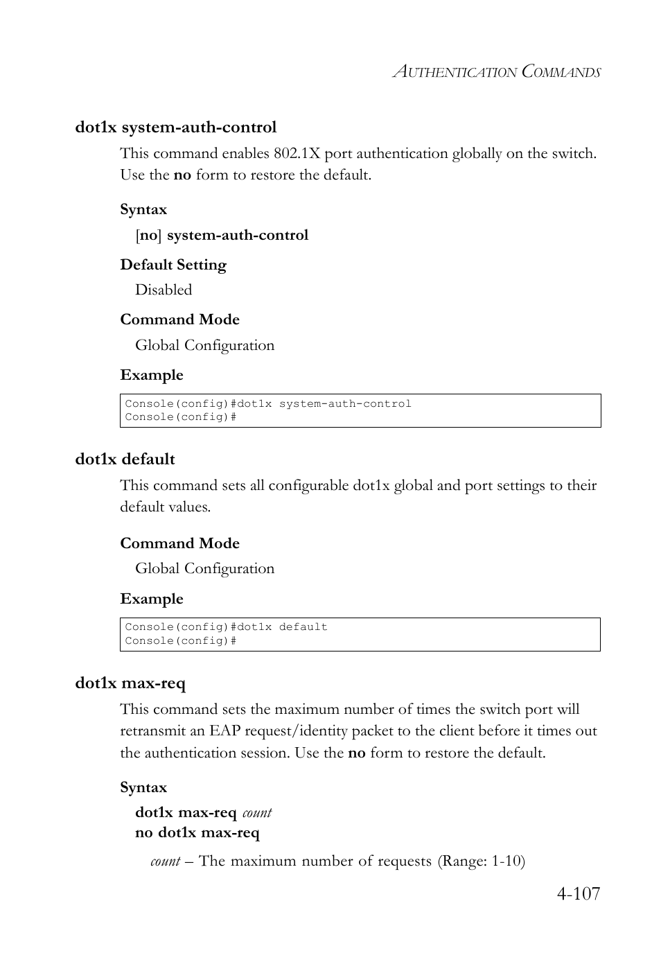 Dot1x system-auth-control, Dot1x default, Dot1x max-req | SMC Networks SMC TigerStack IV SMC6224M User Manual | Page 355 / 522