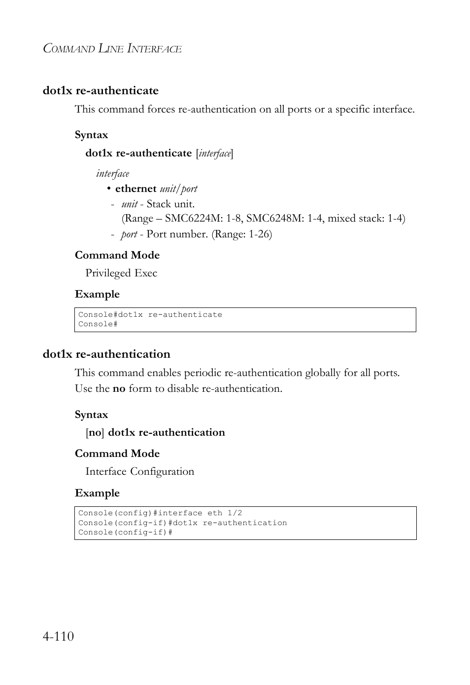 Dot1x re-authenticate, Dot1x re-authentication | SMC Networks SMC TigerStack IV SMC6224M User Manual | Page 358 / 522