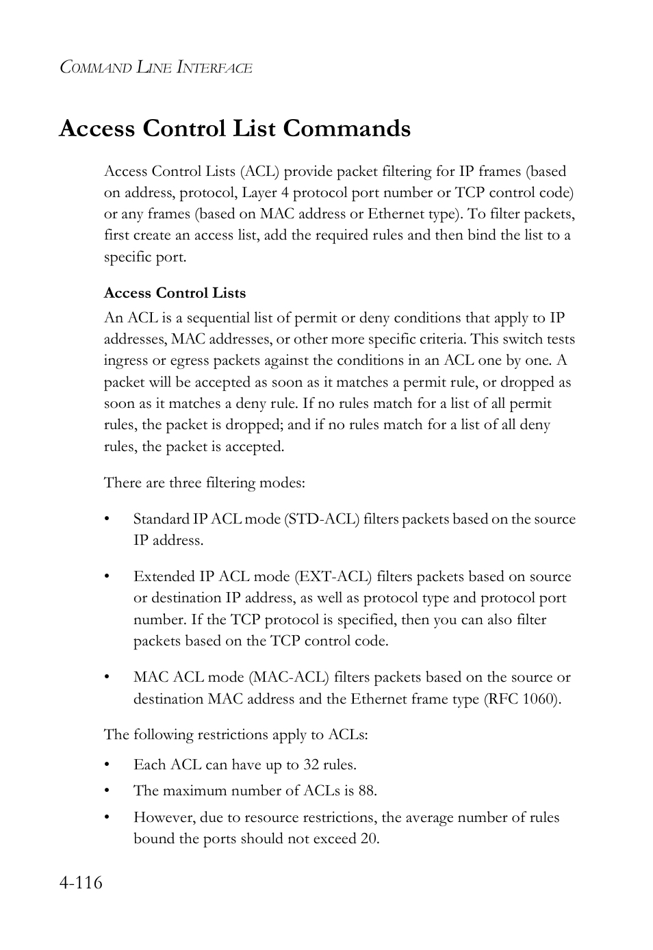Access control list commands, Access control list commands -116 | SMC Networks SMC TigerStack IV SMC6224M User Manual | Page 364 / 522
