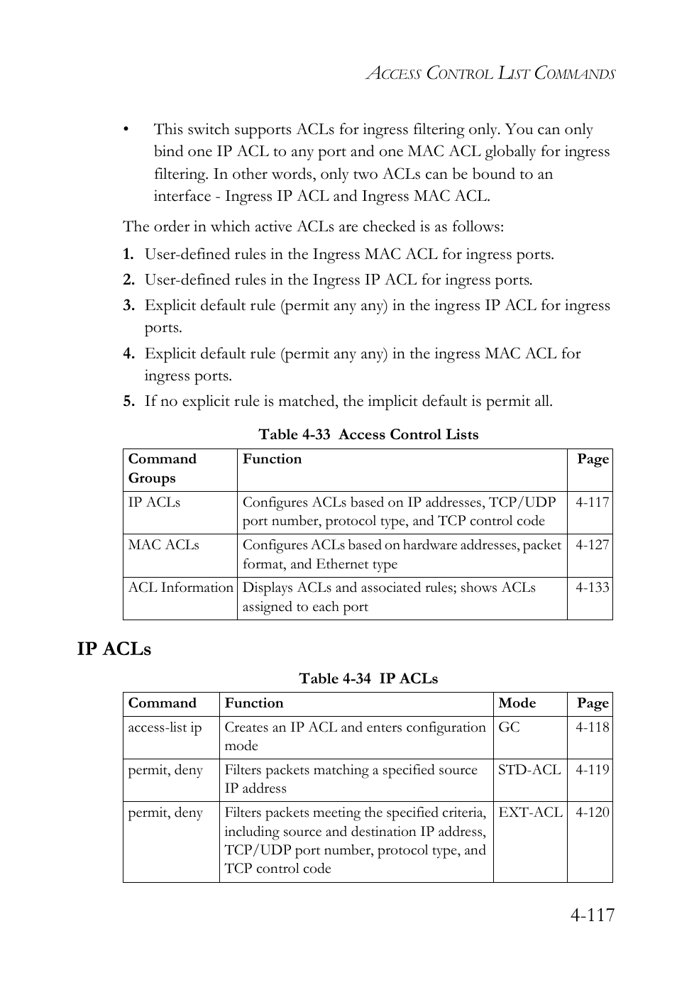 Ip acls, Ip acls -117 | SMC Networks SMC TigerStack IV SMC6224M User Manual | Page 365 / 522