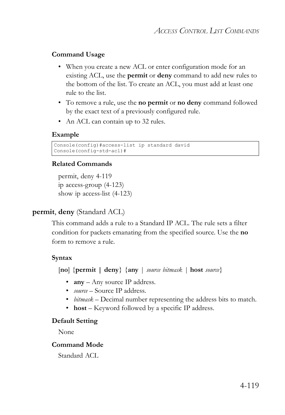 Permit, deny (standard acl), Permit, deny (standard acl) -119 | SMC Networks SMC TigerStack IV SMC6224M User Manual | Page 367 / 522