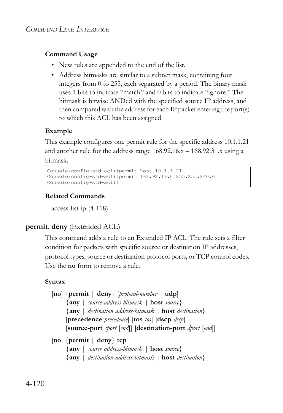 Permit, deny (extended acl), Permit, deny (extended acl) -120 | SMC Networks SMC TigerStack IV SMC6224M User Manual | Page 368 / 522