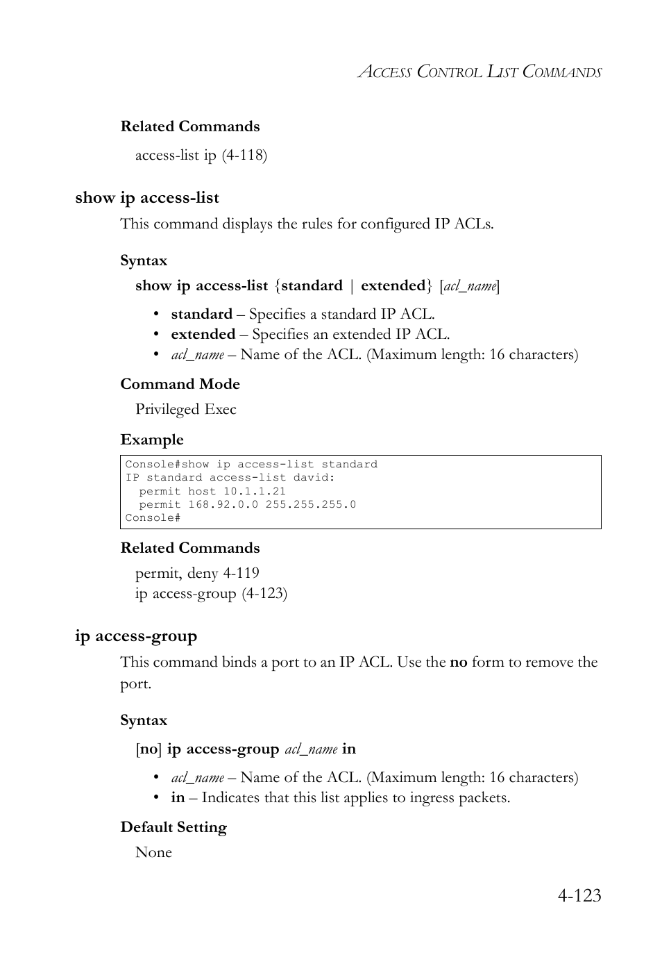 Show ip access-list, Ip access-group, Show ip access-list -123 ip access-group -123 | SMC Networks SMC TigerStack IV SMC6224M User Manual | Page 371 / 522