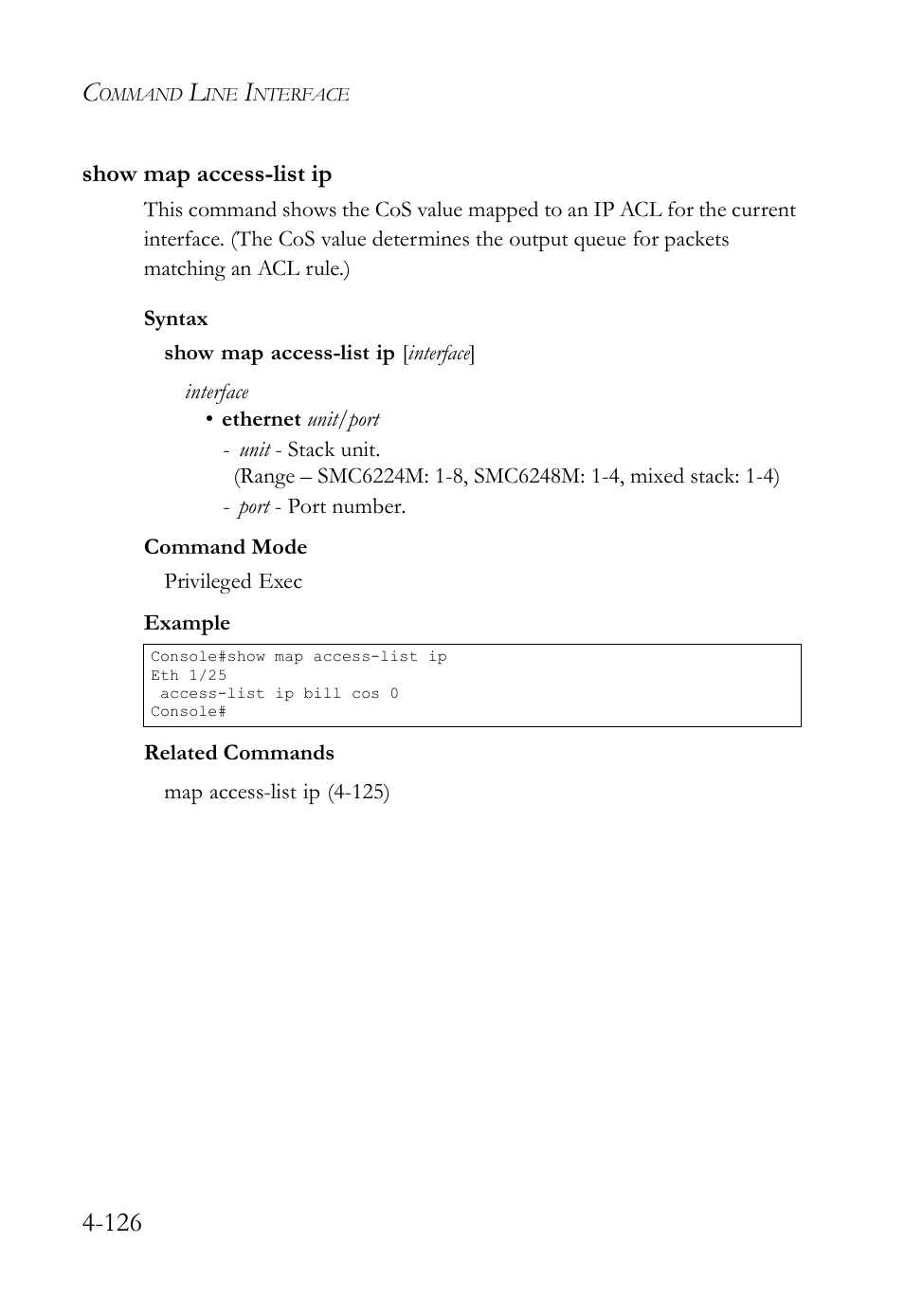Show map access-list ip, Show map access-list ip -126, Show map access-list ip (4-126) | SMC Networks SMC TigerStack IV SMC6224M User Manual | Page 374 / 522