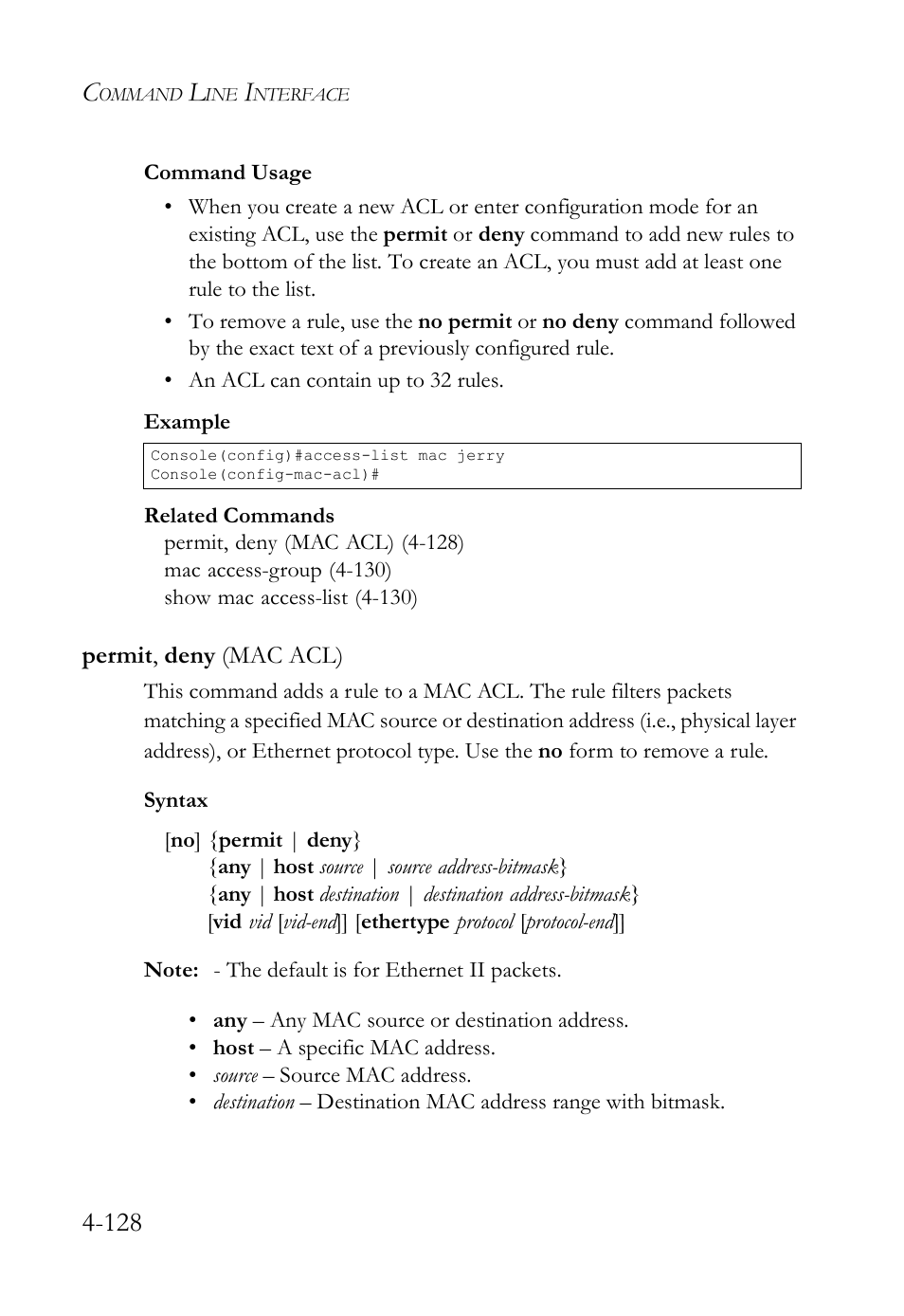 Permit, deny (mac acl), Permit, deny (mac acl) -128 | SMC Networks SMC TigerStack IV SMC6224M User Manual | Page 376 / 522