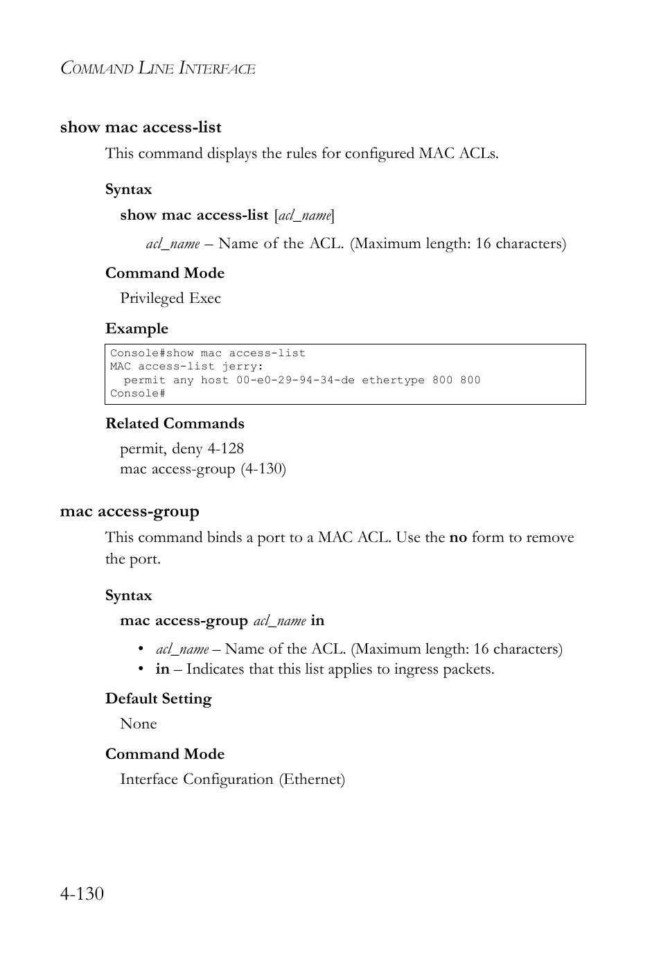 Show mac access-list, Mac access-group, Show mac access-list -130 mac access-group -130 | SMC Networks SMC TigerStack IV SMC6224M User Manual | Page 378 / 522