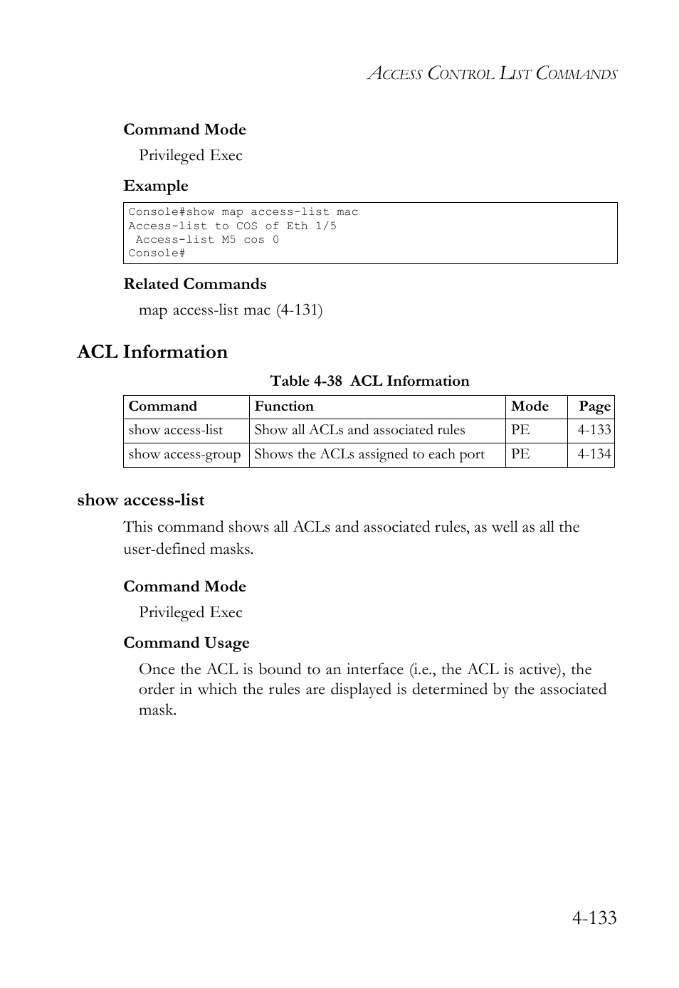 Acl information, Show access-list, Acl information -133 | Show access-list -133, Table 4-38 acl information -133 | SMC Networks SMC TigerStack IV SMC6224M User Manual | Page 381 / 522