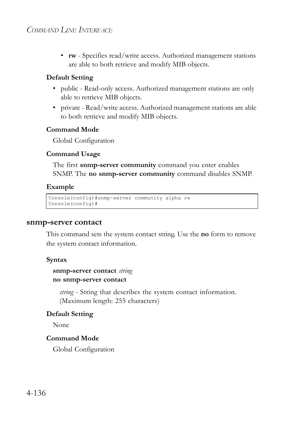 Snmp-server contact, Snmp-server contact -136 | SMC Networks SMC TigerStack IV SMC6224M User Manual | Page 384 / 522
