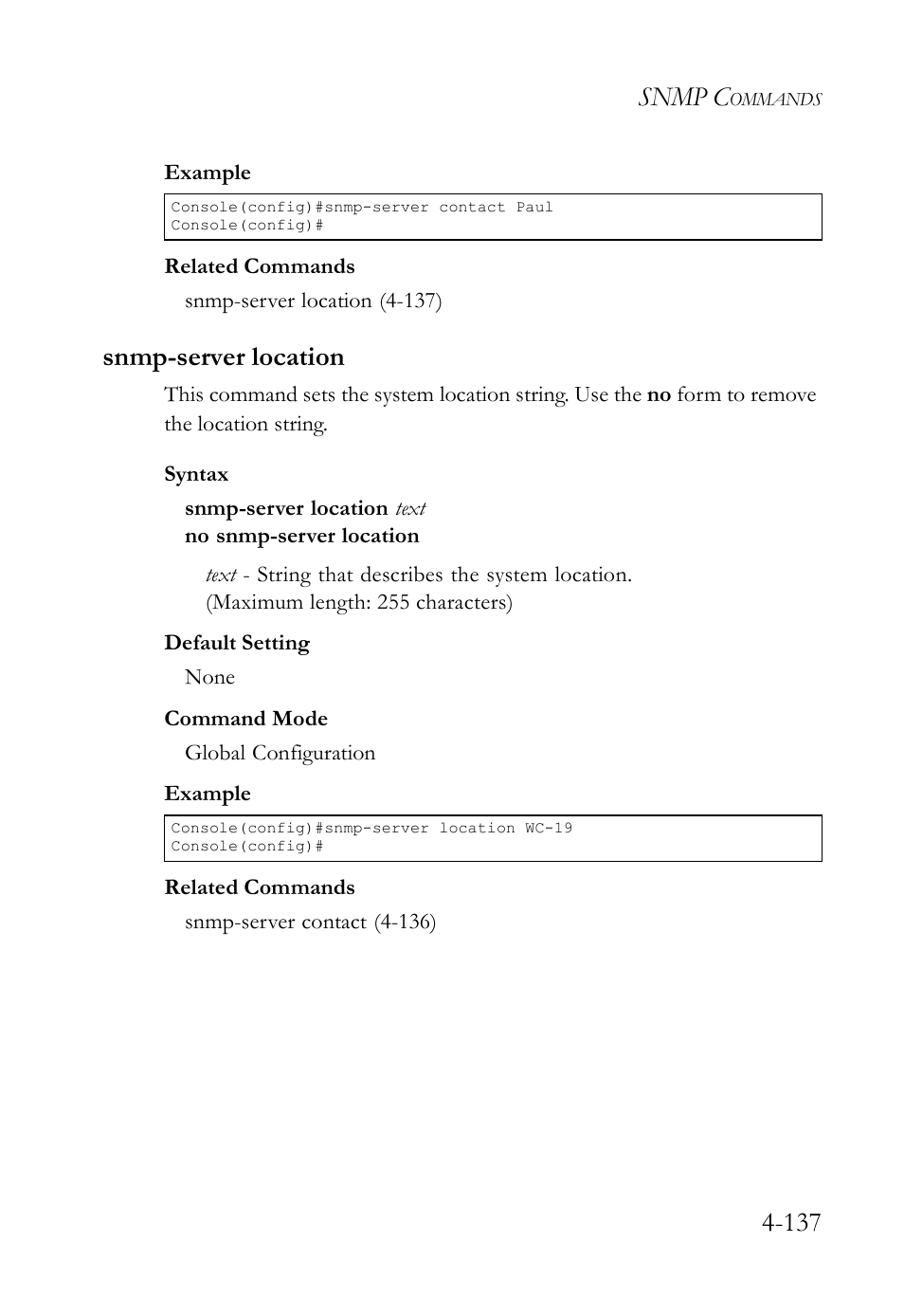 Snmp-server location, Snmp-server location -137, Snmp c | SMC Networks SMC TigerStack IV SMC6224M User Manual | Page 385 / 522