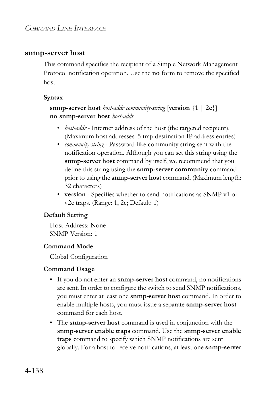 Snmp-server host, Snmp-server host -138, 138 snmp-server host | SMC Networks SMC TigerStack IV SMC6224M User Manual | Page 386 / 522