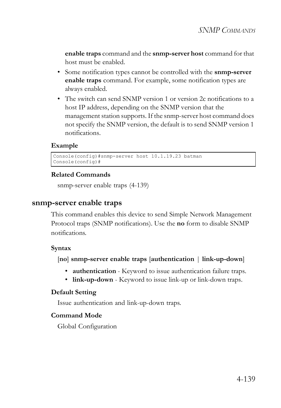 Snmp-server enable traps, Snmp-server enable traps -139, Snmp c | SMC Networks SMC TigerStack IV SMC6224M User Manual | Page 387 / 522