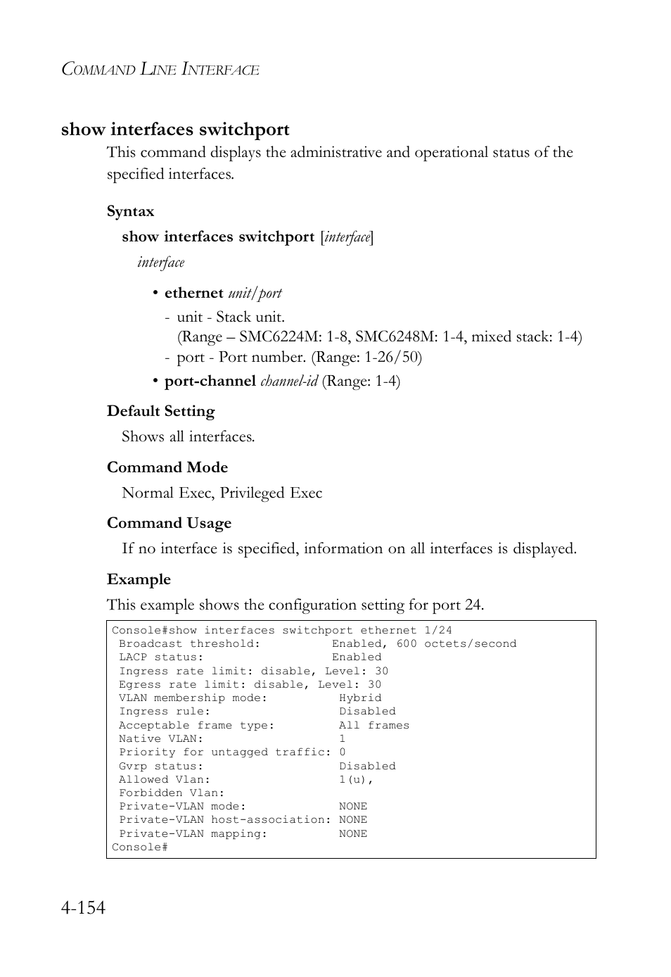 Show interfaces switchport, Show interfaces switchport -154, 154 show interfaces switchport | SMC Networks SMC TigerStack IV SMC6224M User Manual | Page 402 / 522