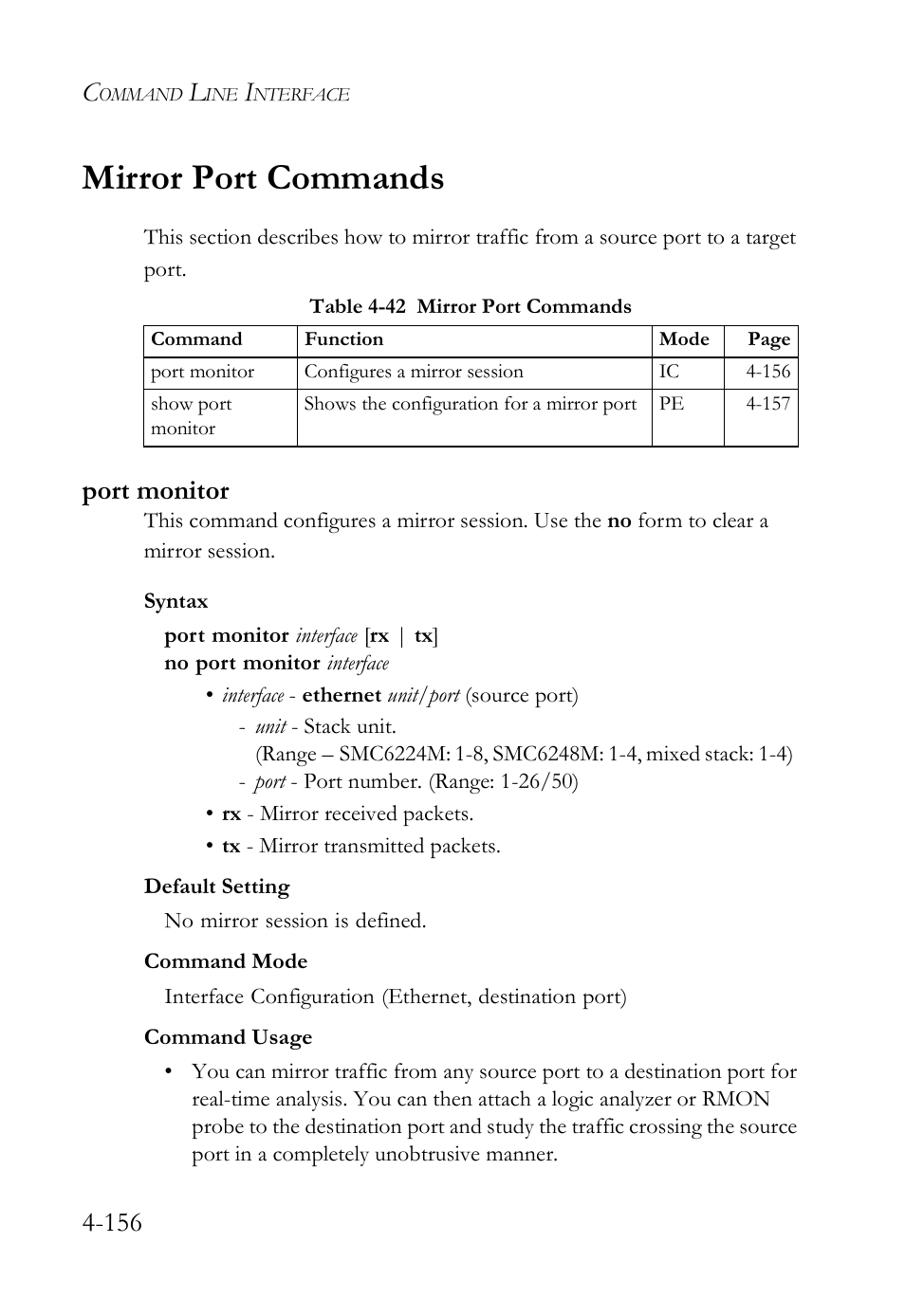 Mirror port commands, Port monitor, Mirror port commands -156 | Port monitor -156, Table 4-42 mirror port commands -156 | SMC Networks SMC TigerStack IV SMC6224M User Manual | Page 404 / 522